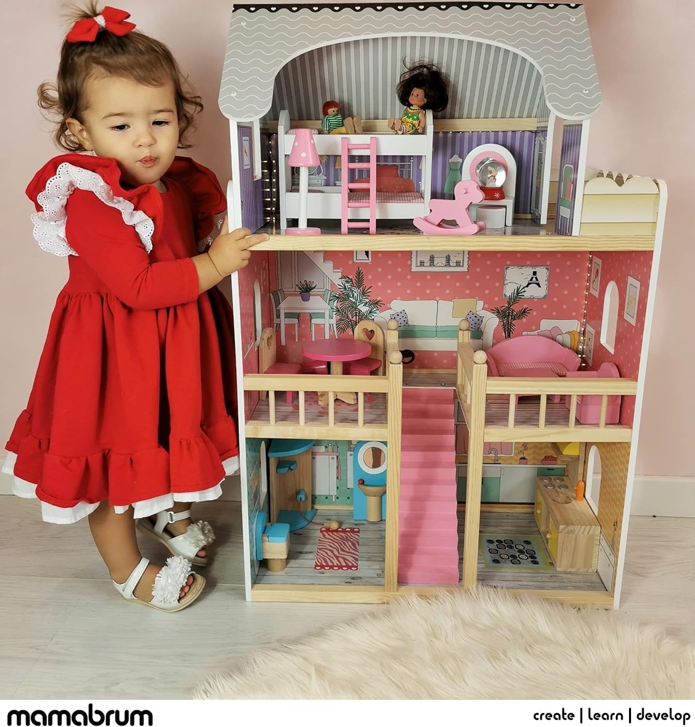 A405 LED-beleuchtetes Puppenhaus – 3 Etagen und Möbelset – Spielhaus aus Holz inklusive Zubehör: Küche, Badezimmer, Schlafzimmer – Geschenk für Mädchen ab 3 Jahren. Puppenhäuser Naty Shop