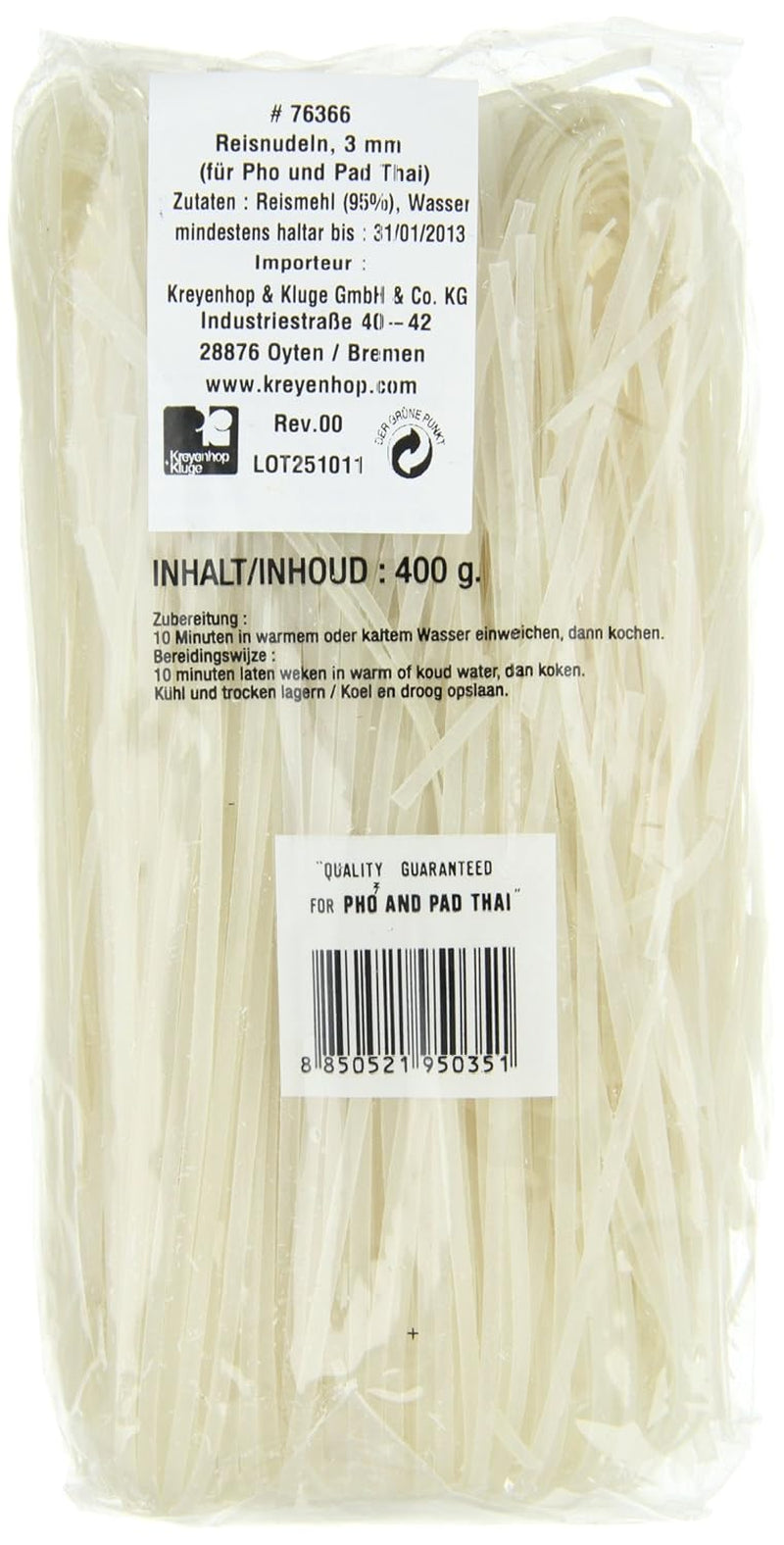 Reisnudeln – Thailändische, 3 mm breite Reisbandnudeln, hergestellt aus Reismehl – ​​17 x 400 g
