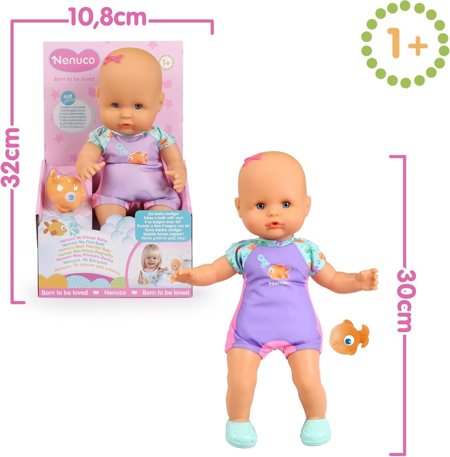 Mein erstes Bad: Eine weiche Puppe mit wasserdichtem Körper, geeignet für die Verwendung in der Badewanne, im Pool und im Meer. Enthält einen Badeanzug und einen im Wasser platzierten Fisch.