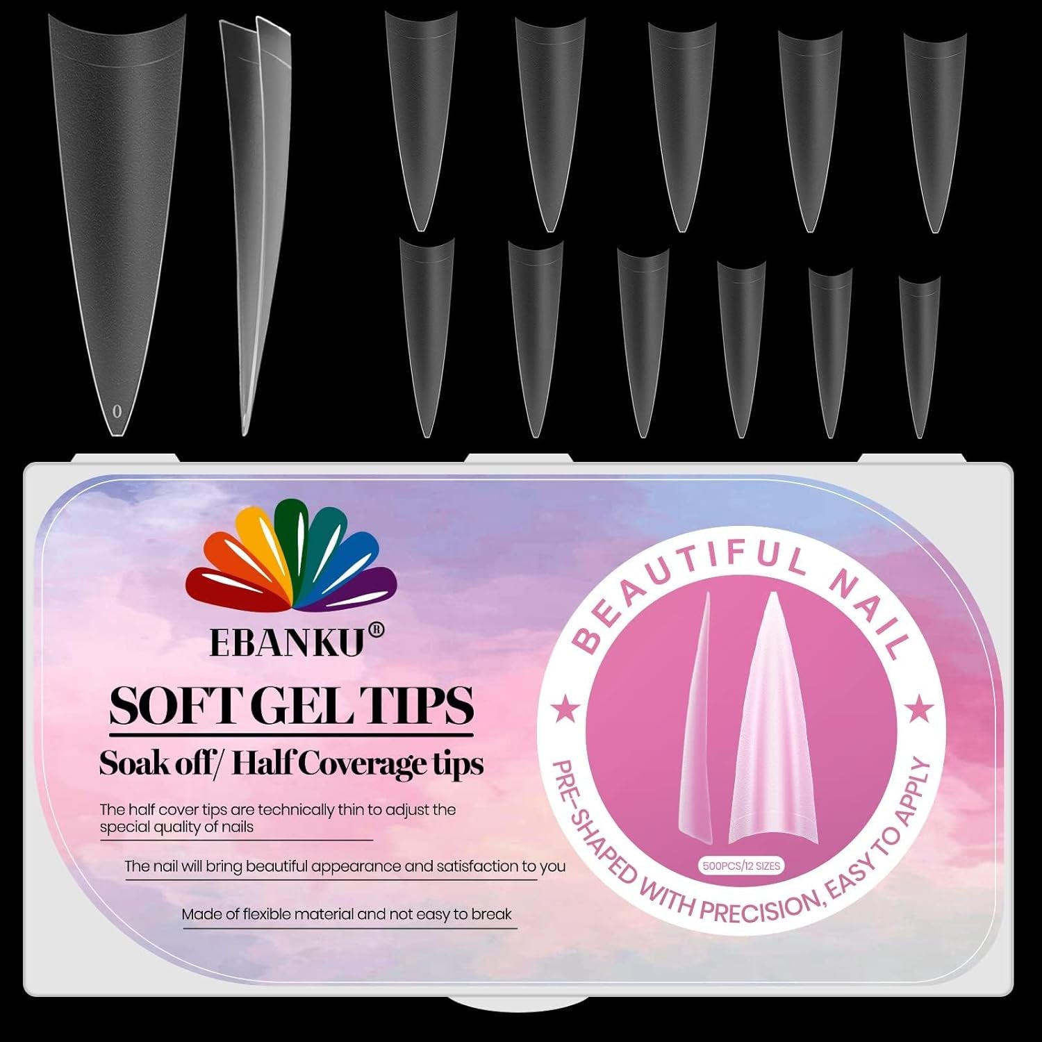 EBANKU 500 Stück künstliche gefälschte Nagelspitzen, matt, weiches Gel, klare Spitzen, künstliche Nagelspitzen für Nagelverlängerungen, falsches Nagelset, 12 Größen, A