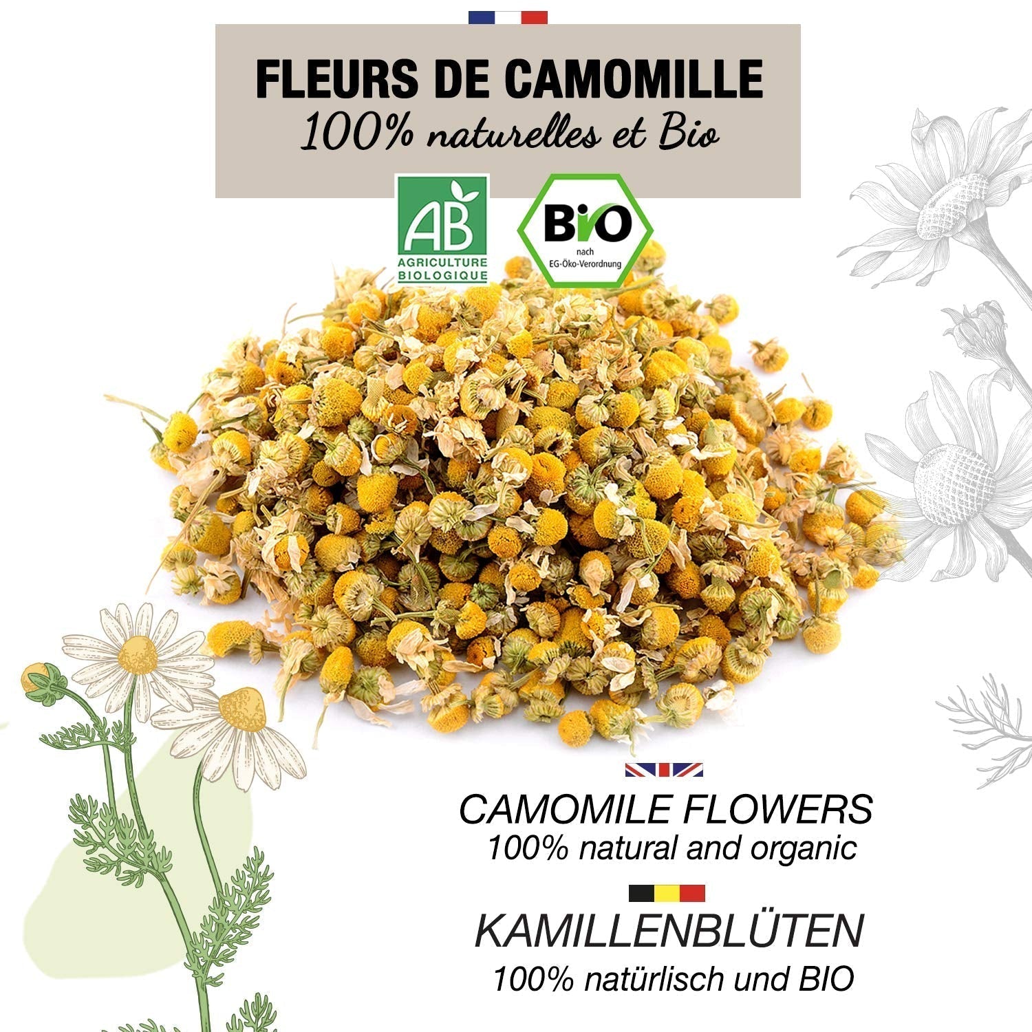 ORIGEENS Bio-Kamillenblütentee aus Europa, 100 g | Loser Blatttee, Bio-Tee für Schlaf und Verdauung | Deutsche Kamille | Zertifiziert und verpackt in Deutschland