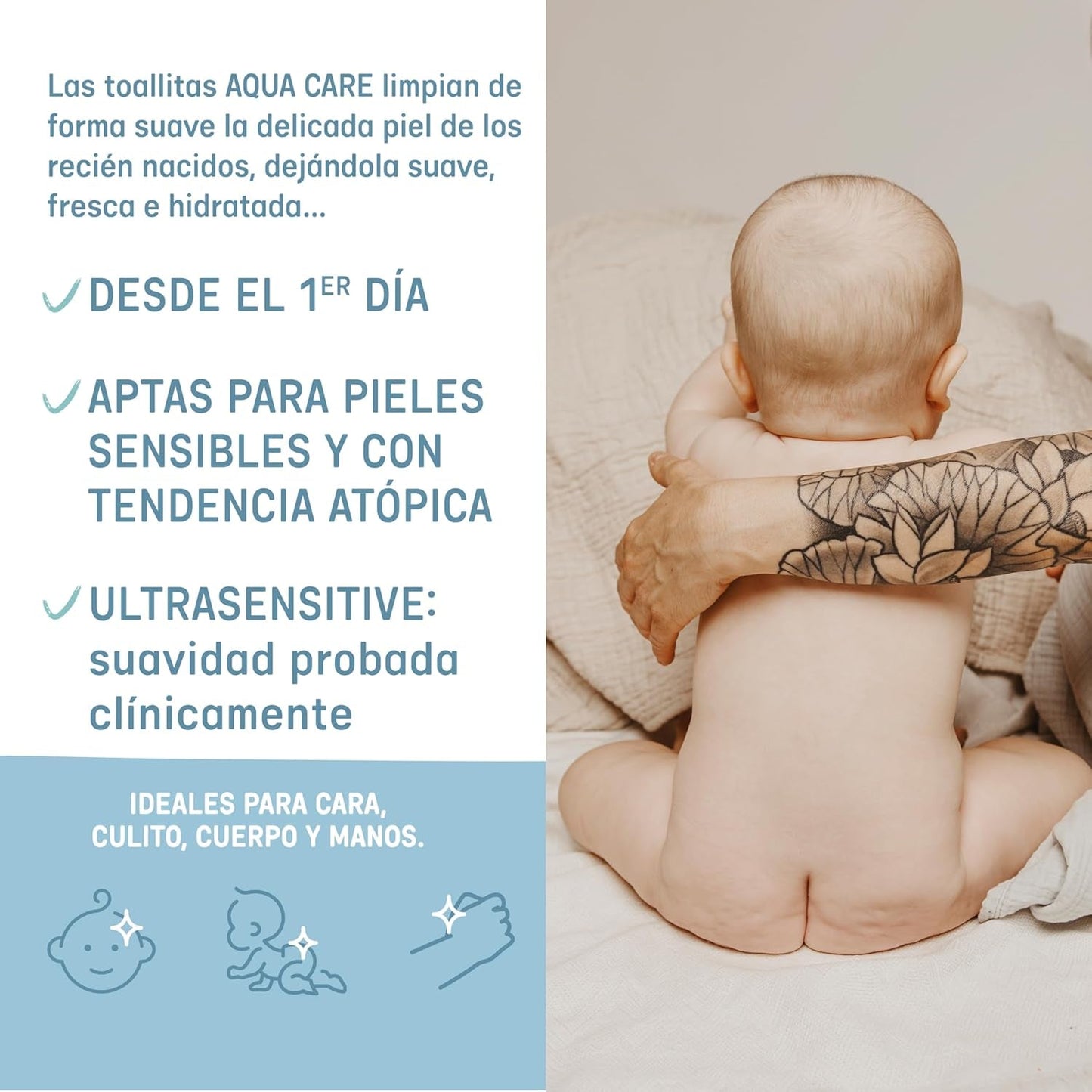Suavinex Aqua Care Baby-Feuchttücher, 60 Stück, Reinigungstücher, 99 % Wasser, Pflanzenfaser, Aloe Vera, parfümfrei, alkoholfrei, dermatologisch getestet, geeignet für empfindliche Haut