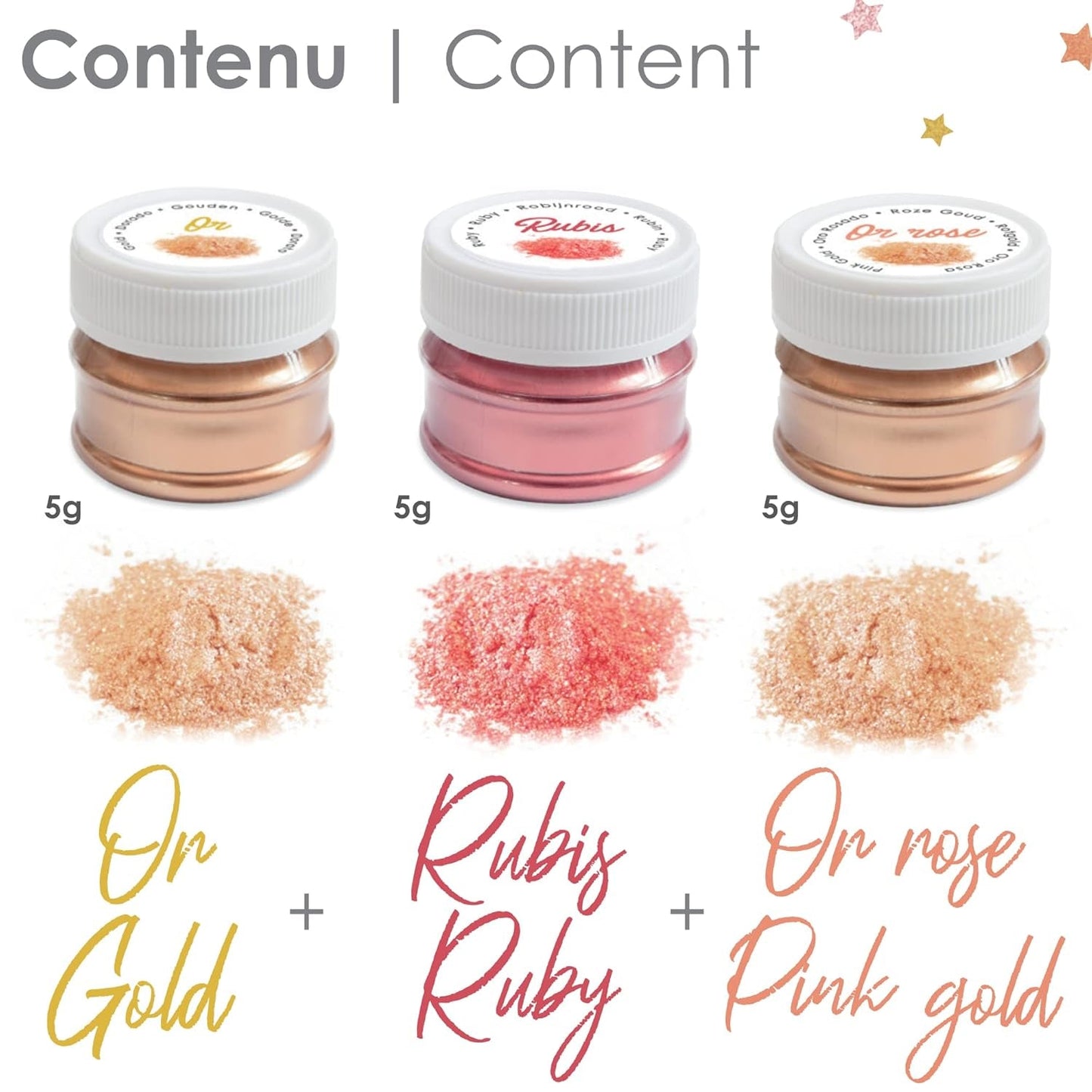 Scrapcooking – Set mit 3 metallischen Lebensmittelfarben – Lebensmittelfarbe: Gold, Roségold und Rubin – essbare Lebensmittelfarbe zum Backen, Kuchen, Kekse, Kuchen, Schokolade – 4019
