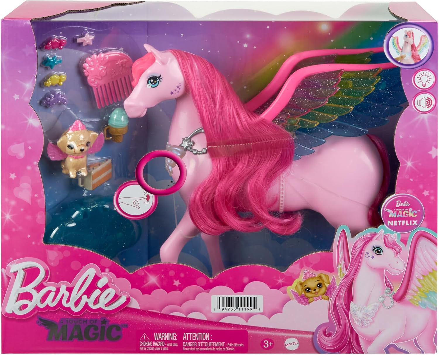 Barbie A Hidden Magic Pegasus – interaktives Spielzeug mit Lichtern und Geräuschen, 10 Zubehörteile, Regenbogenflügel, für Kinder ab 3 Jahren, HLC41 Naty Shop Dolls