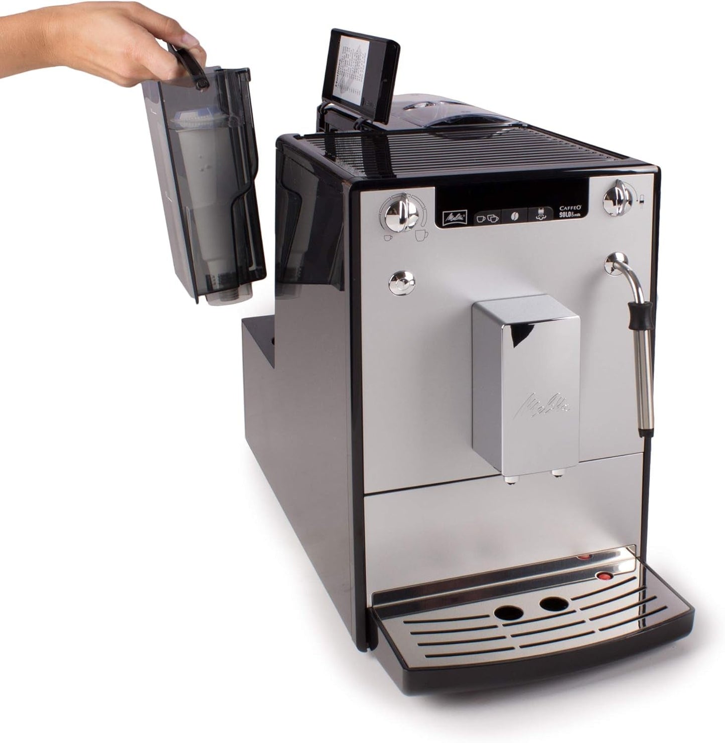 Melitta Solo & Milk – Vollautomatische Slim-Kaffeemaschine mit Milchaufschäumer, Kaffeemaschine mit abnehmbarem Wassertank, z.B. Kaffee oder Cappuccino, Silber
