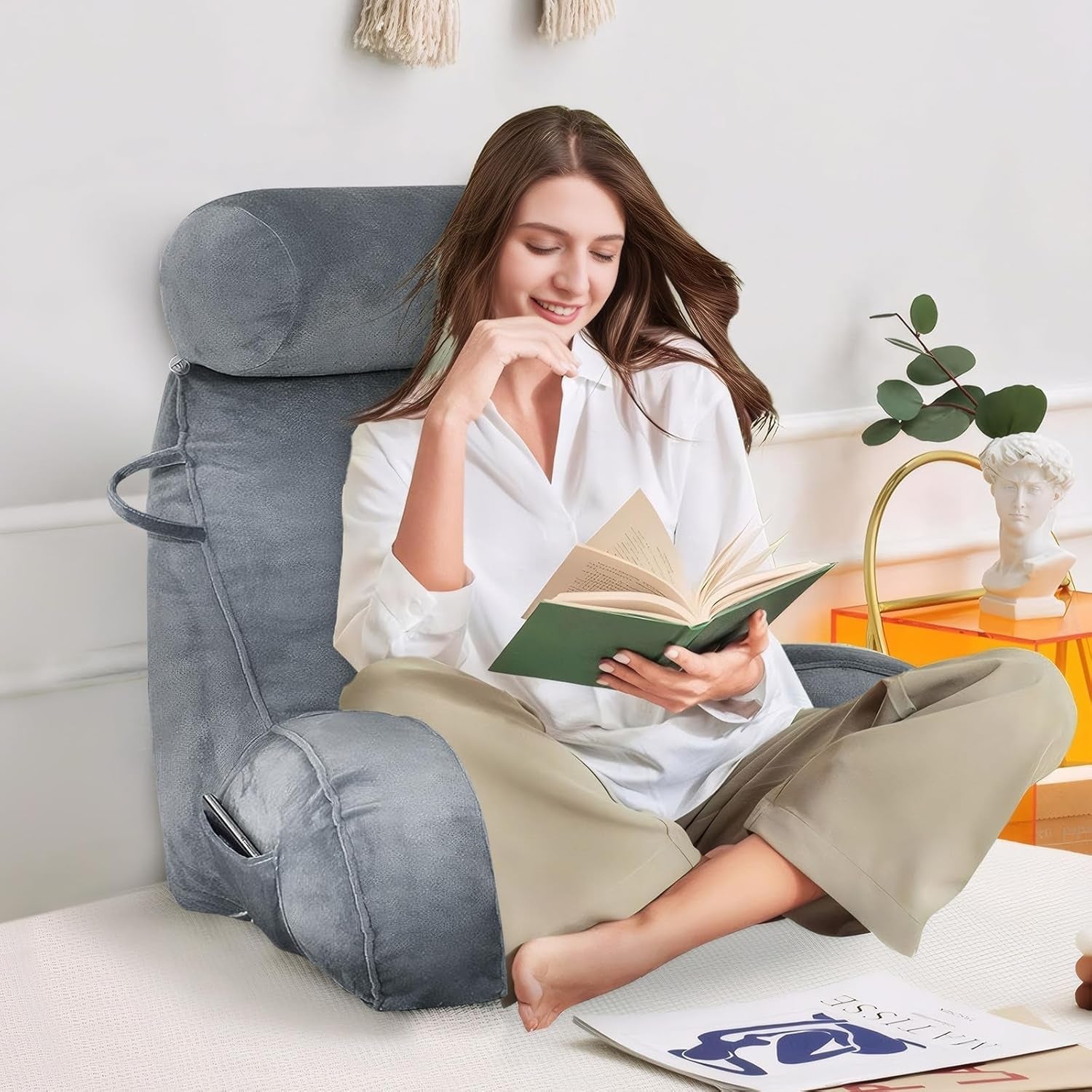 XL-Lesekissen für Bett und Sofa mit abnehmbarer Nackenrolle, ideales Rückenkissen für Erwachsene mit Memory-Schaum für bequemes Lesen, Arbeiten, Spielen, Fernsehen, Entspannen (Grau)