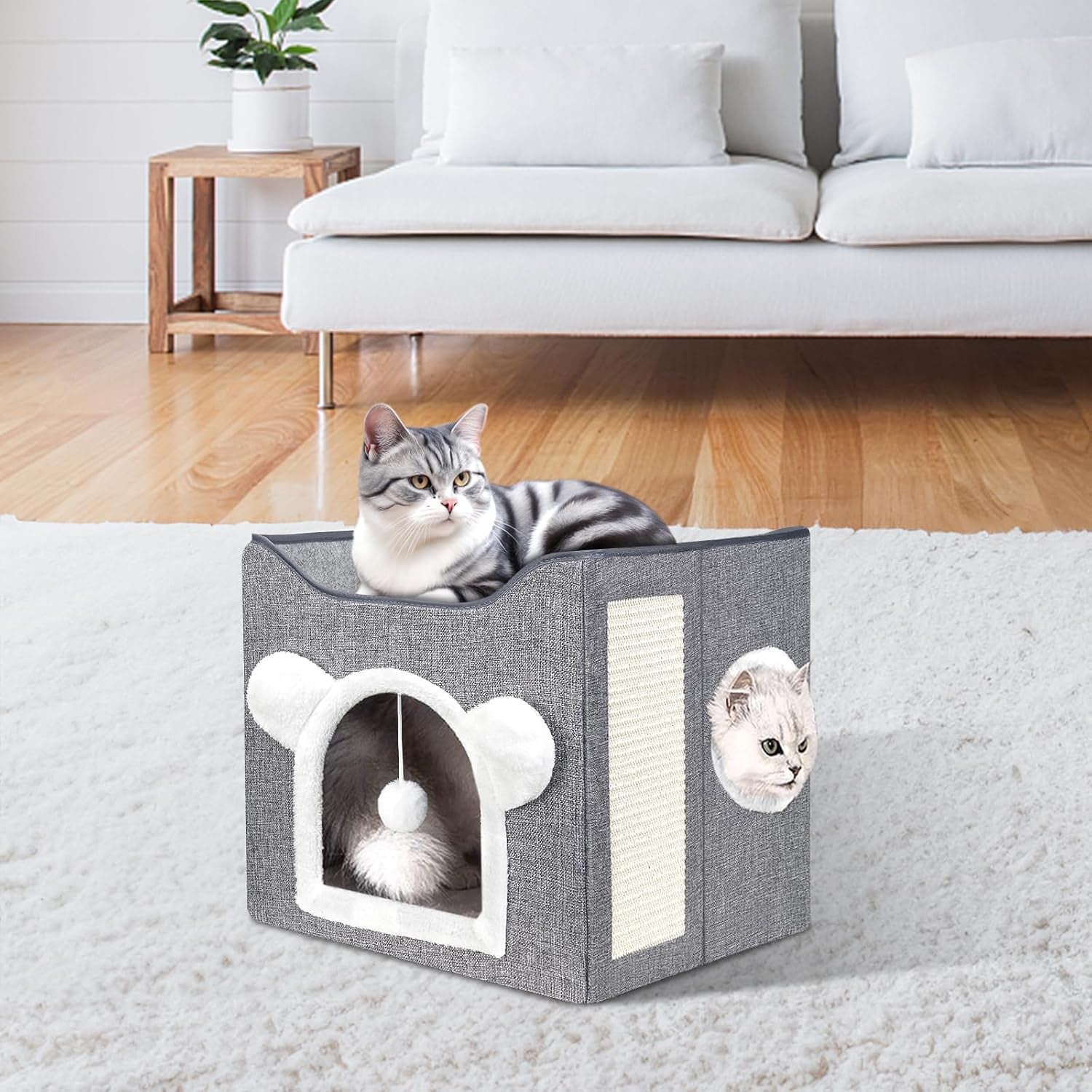 Katzenbetten für Indoor Katzen, Faltbares Katzenhaus, Katzenhöhle 2 Schicht Würfel Großer Raum Katzenbett mit Kratzbrett und Spielball, 15,8 x 15,8 x 15 Zoll