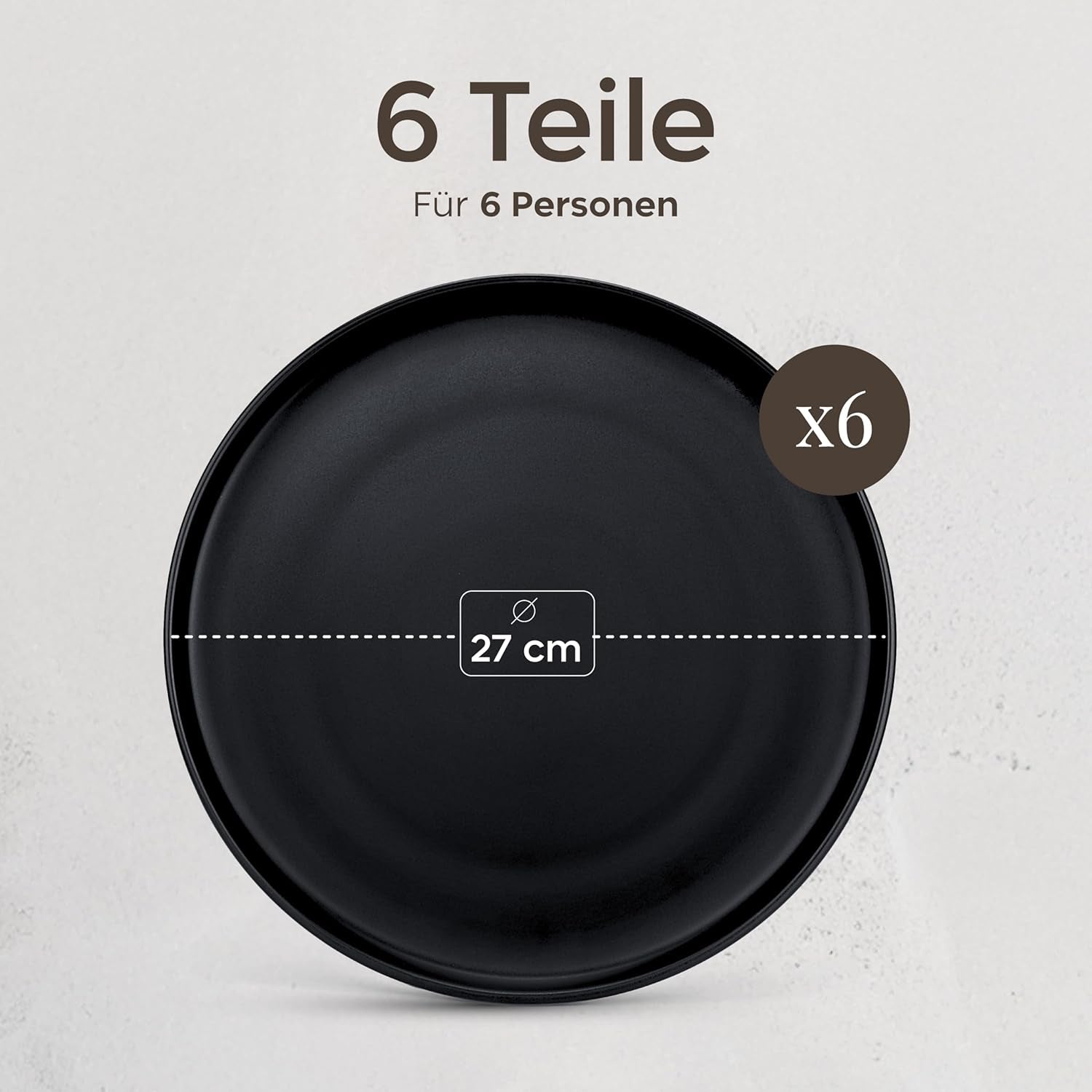 Steingut-Teller-Set für 6 – Mattschwarz. 6-teiliges Set, große, mikrowellengeeignete Teller, elegantes Design – Twinzee Ebony-Kollektion
