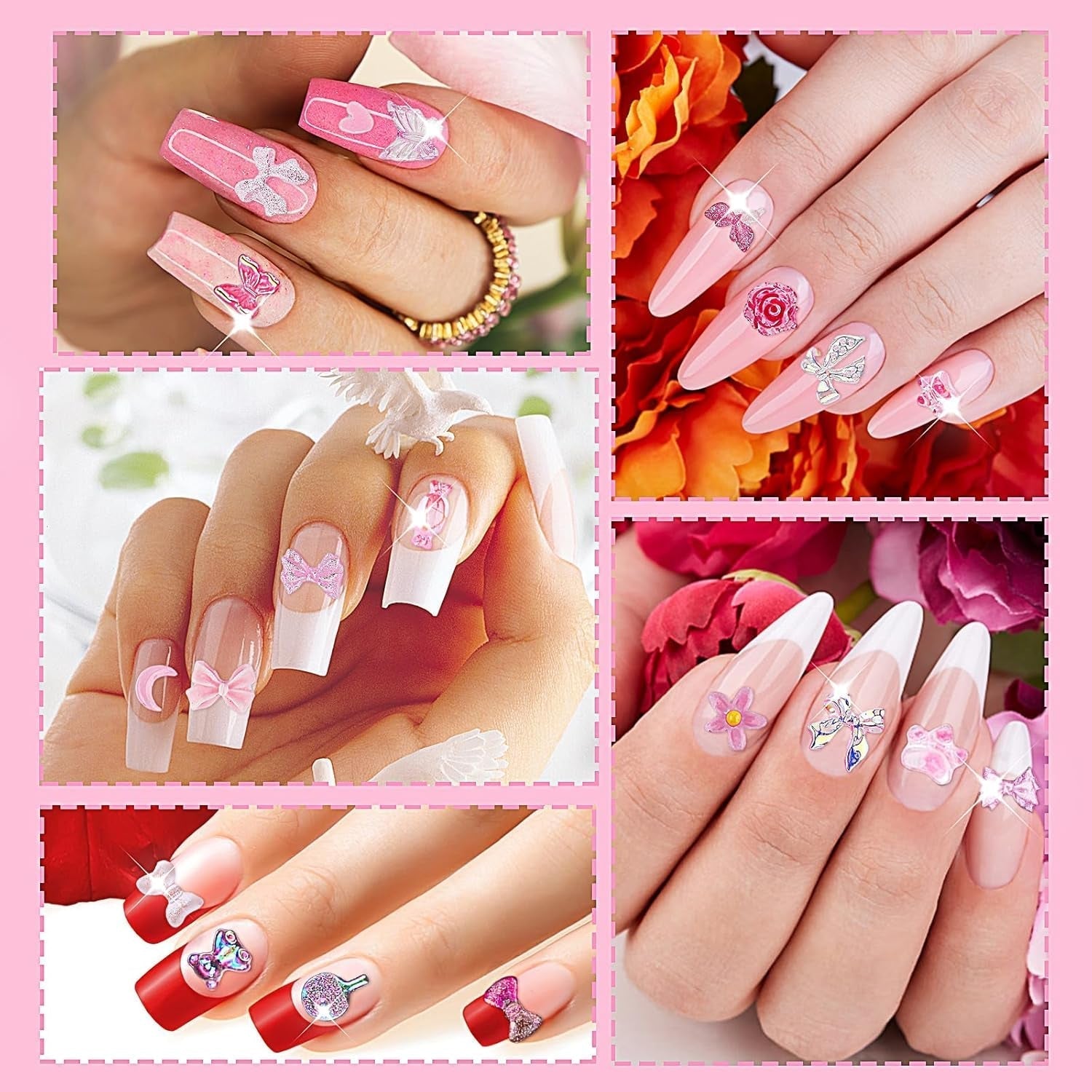 200 Stück Nail Art Charms 3D Nail Art Dekoration Set Bogen Nagel Anhänger Rosa Gemischter Stil Schleife Blume Teddybär Lutscher Herzform Nail Art Dekoration DIY Handwerk Nageldesign