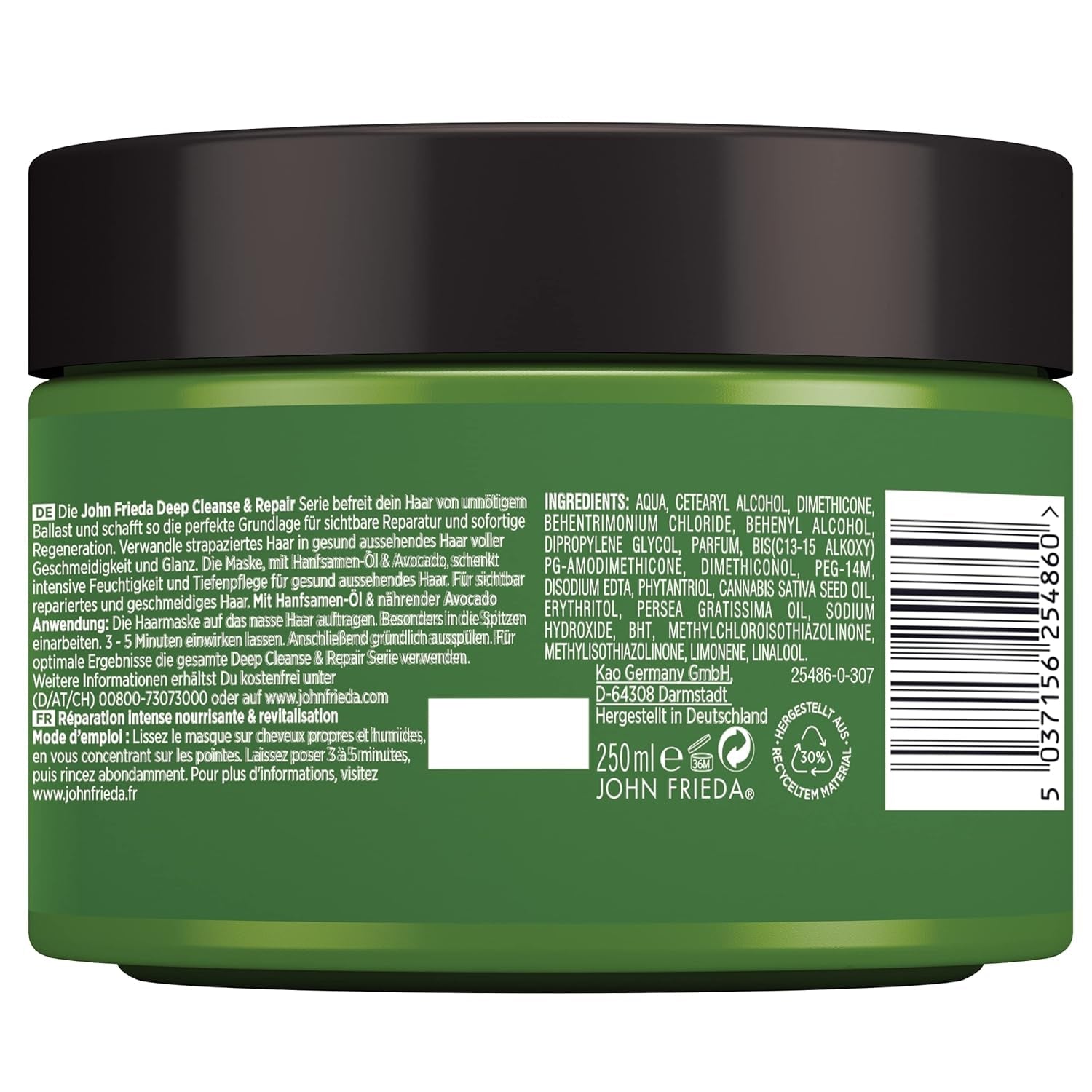 John Frieda - Deep Cleanse & Repair Mask / Treatment - Inhalt: 250 ml - Mit Hanfsamenöl + pflegender Avocado - Beruhigende Haarmaske für strapaziertes Haar Naty Shop Haarmaske