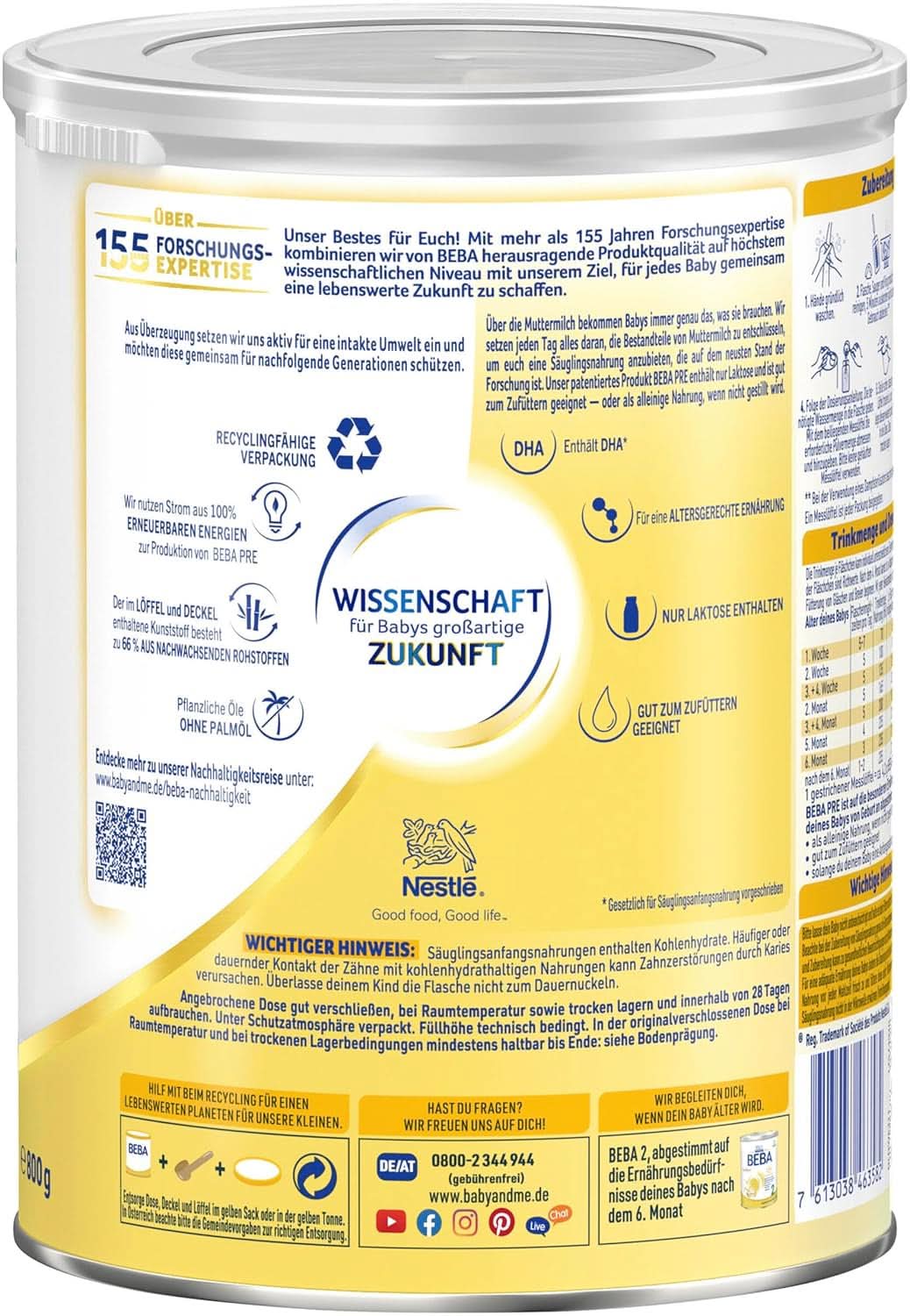 BEBA PRE Anfangsmilch von Geburt an, Babynahrung mit DHA, nur Laktose, ohne Palmöl, Packung 3 (3 x 800 g) Naty Shop