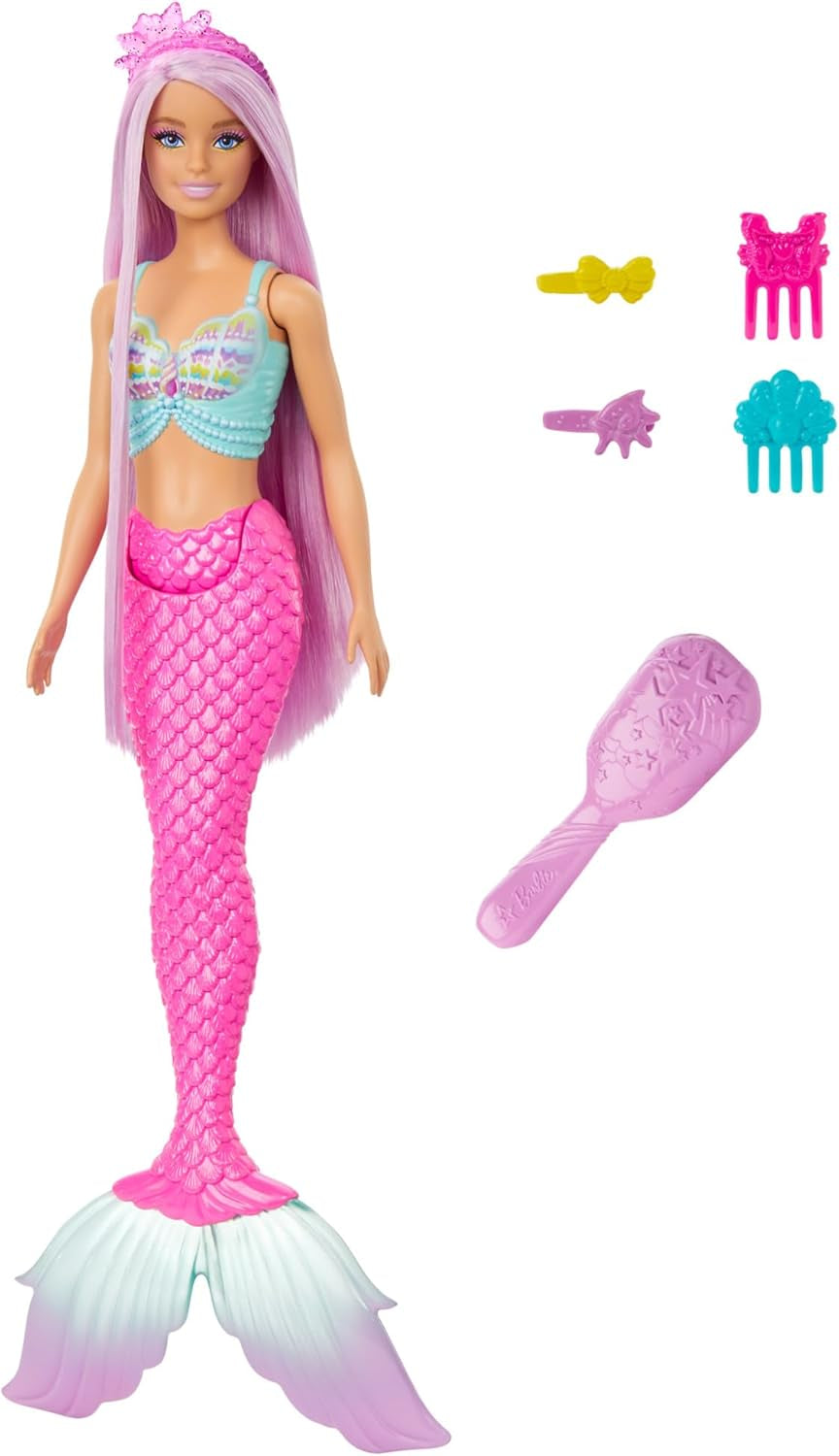 Barbie-Meerjungfrau-Puppe – mit langen rosa Haaren und individuellen Styling-Accessoires wie Pinsel, hübscher Muschel und rosa Flossen, für Kinder ab 3 Jahren, HRR00 Naty Shop Dolls Standardtitel