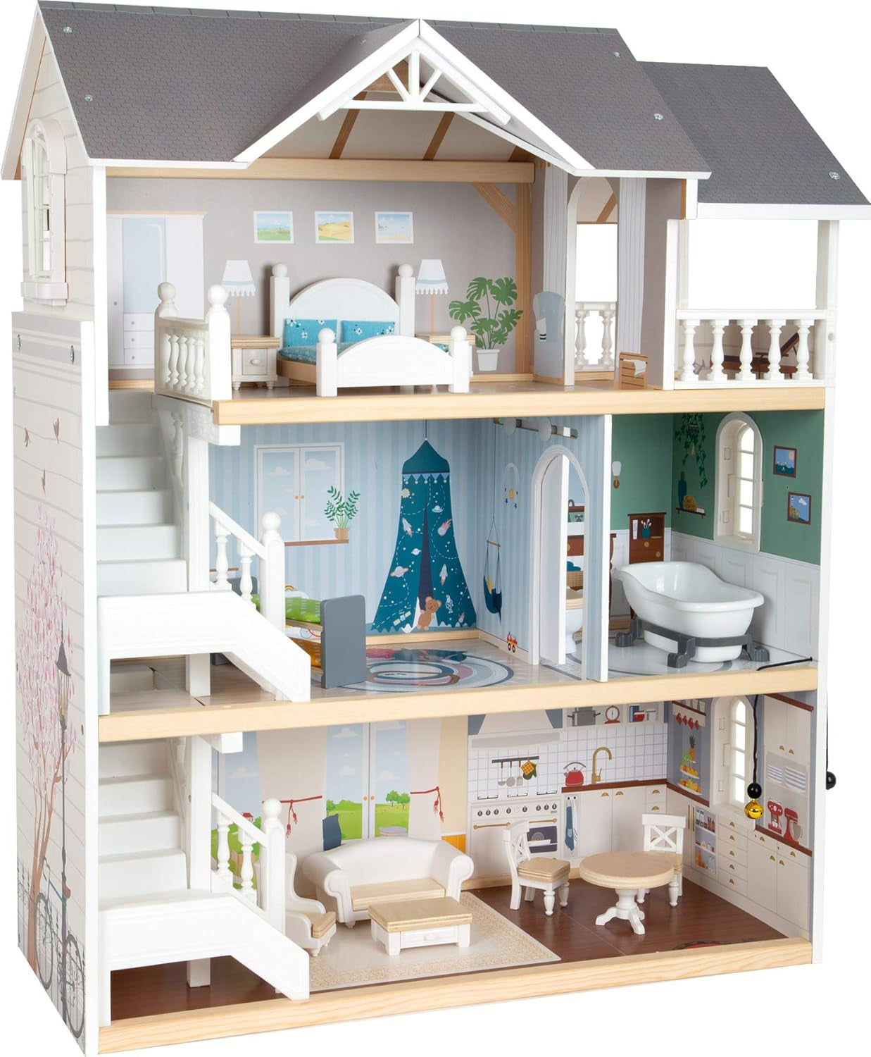 Small Foot Puppenhaus 3-stöckiges Stadthaus aus Holz mit offener Vorderseite und 12 Möbeln für Kinder ab 3 Jahren 11802 Weiß Grau Puppenhäuser Naty Shop Stadthaus