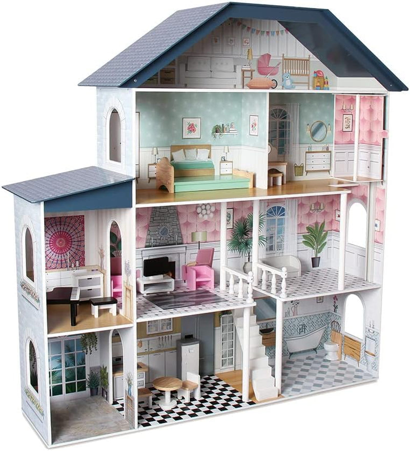 Deqube Puppenhaus aus Holz, 4 Etagen, Puppenhaus mit unterschiedlichem und gepflegtem Dekor in jedem Raum, mit 17 Zubehörteilen – Größe 135 x 36 x 128 cm (913D00016) Naty Shop Dollhouses Standardtitel
