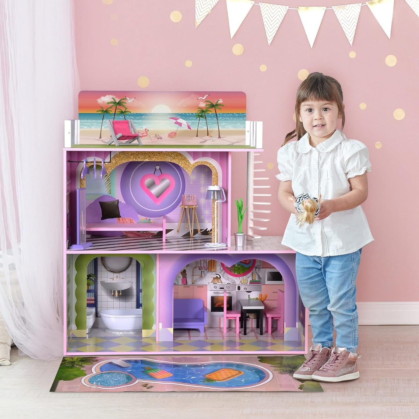 Olivia's Little World Big Dreamland Sunset Zeitgenössisches interaktives Holzpuppenhaus für Kinder, 3 Etagen mit 16 Puppenmöbelzubehör, Multi TD-13616A Puppenhäuser Naty Shop