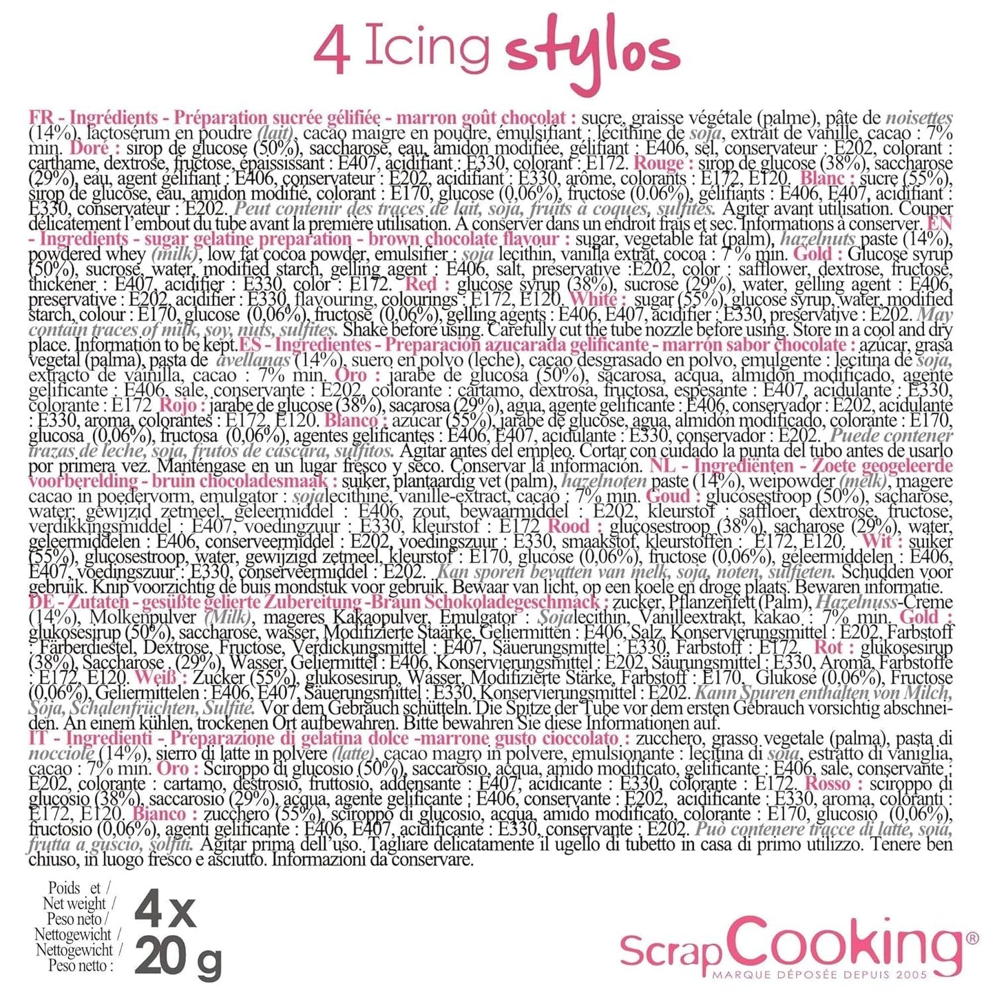 Scrapcooking – 4-teilige Marker: Gold, Schokolade, Weiß und Rot – dekorative essbare Stifte zum Schreiben und Zeichnen auf Desserts, Kuchen und Keksen