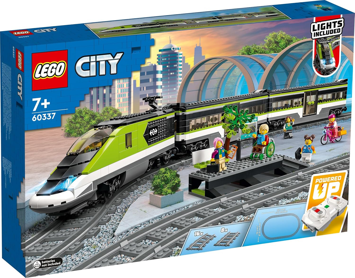 LEGO City Personen-Expresszug, ferngesteuertes Zugset, Eisenbahnspielzeug mit Scheinwerfern, 2 Waggons und 24 Gleiselementen, Geschenk für Kinder, Jungen und Mädchen 60337 Bausets Besuchen Sie den LEGO-Store