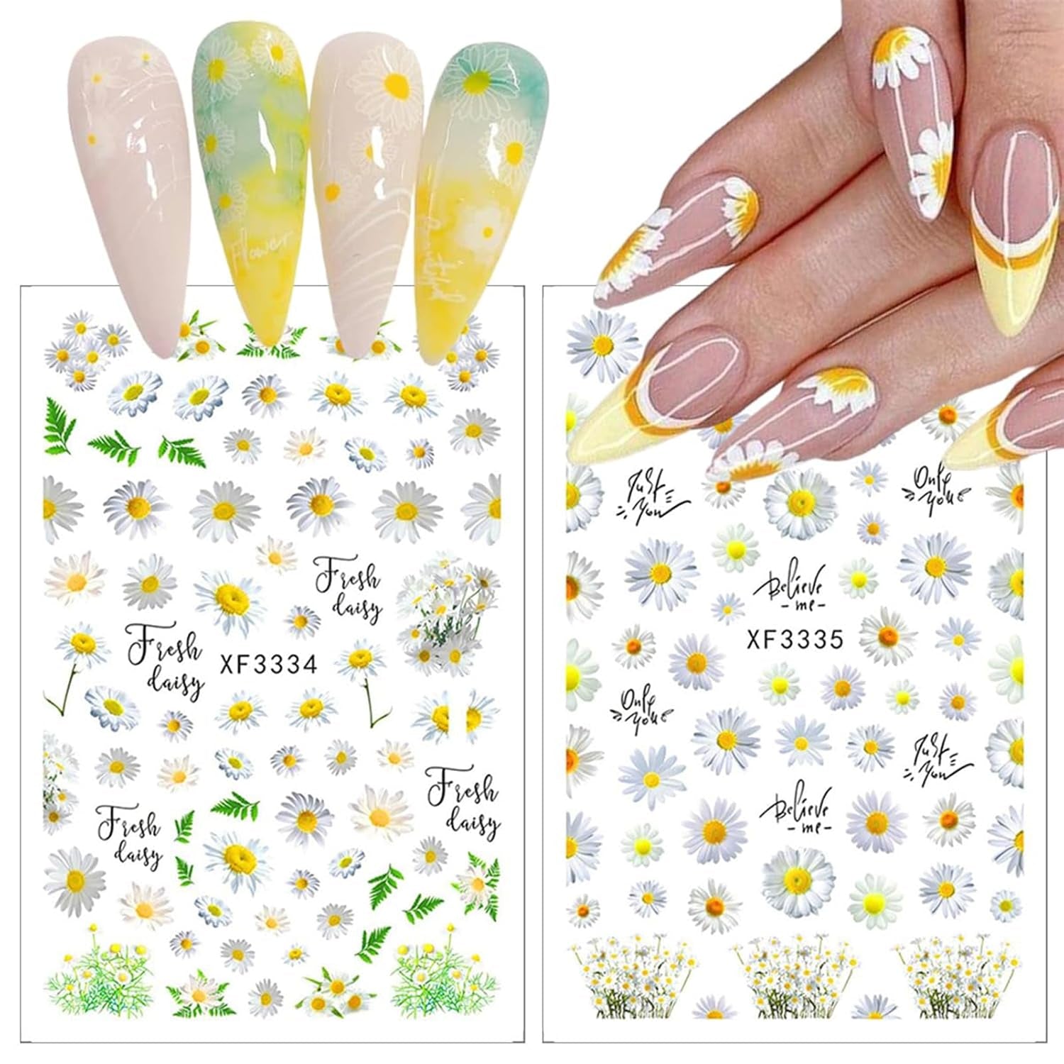 12 Blatt Nagelaufkleber mit 3D-Effekt, UV-härtend, langlebig, Blumen-Nagelaufkleber, gelb-weiße Gänseblümchen-Nagelkunstaufkleber