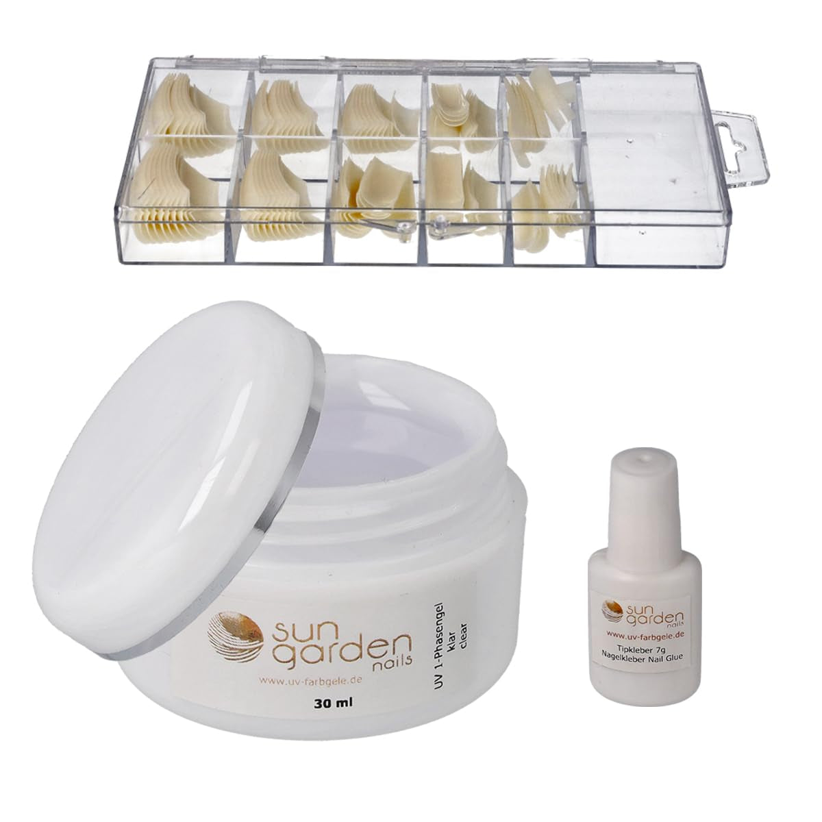 Sun Garden Nails einphasiges transparentes Gel 30 ml + Box mit 100 Spitzen + Kleber für Spitzen 7 ml