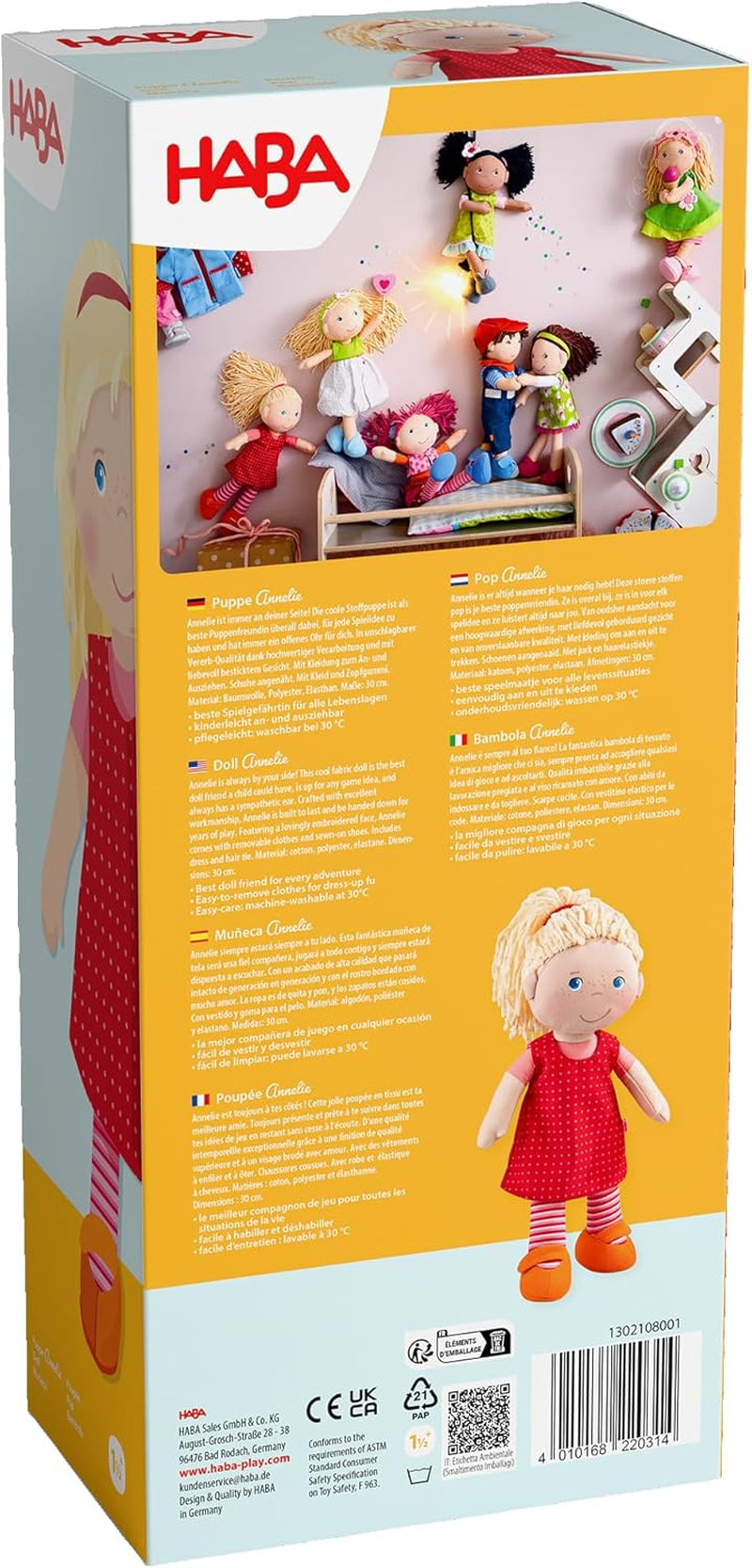 HABA 302108 - Annelie-Puppe, Stoffpuppe mit Kleidung und Haaren, 30 cm, Spielzeug ab 18 Monaten, rot Puppen Naty Shop