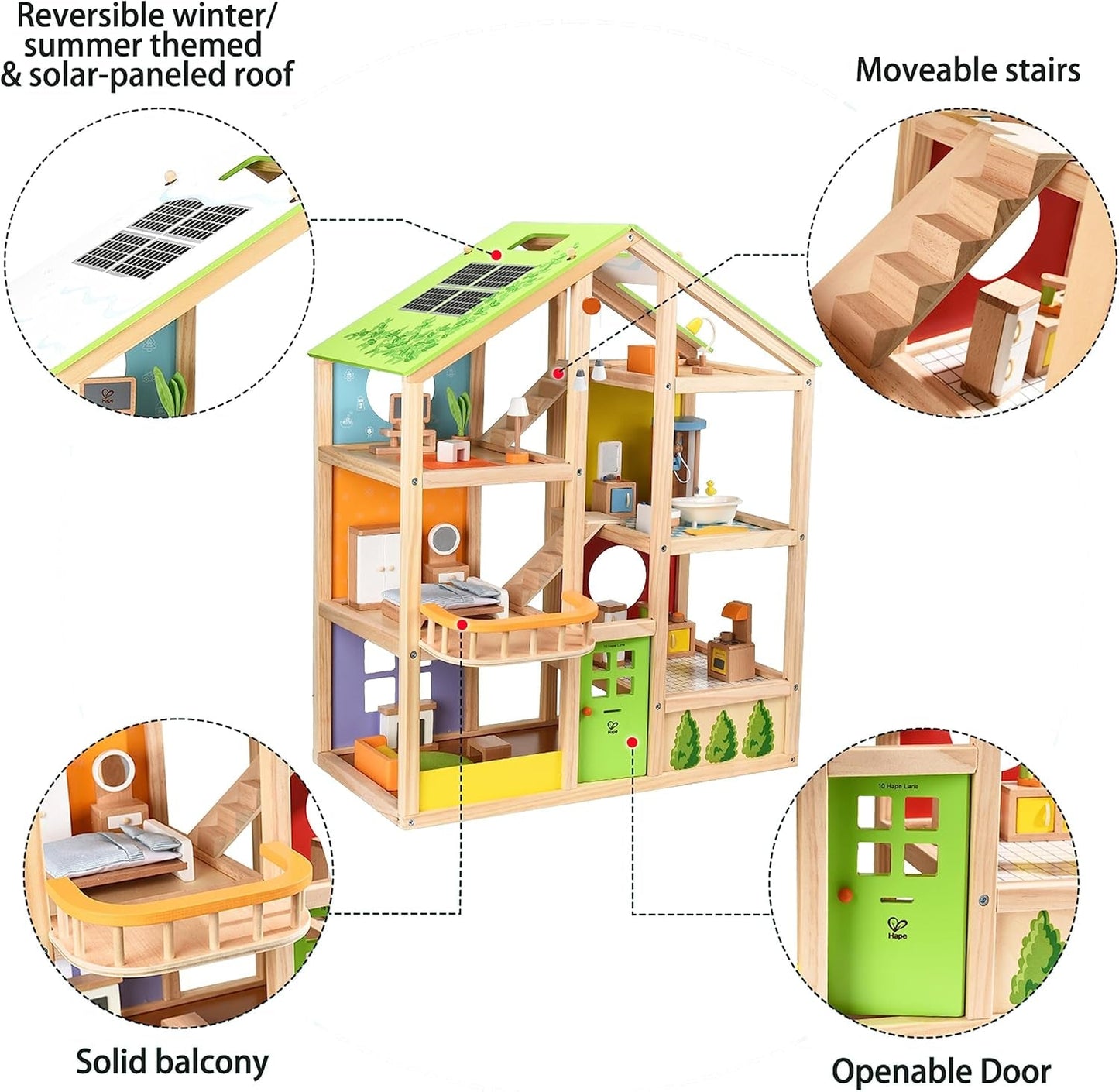 Hape Four Seasons Puppenhaus aus Holz. Preisgekröntes dreistöckiges Puppenhaus mit Möbeln, Zubehör, beweglicher Treppe und umkehrbarem Dach für jede Jahreszeit. Puppenhäuser Naty Shop