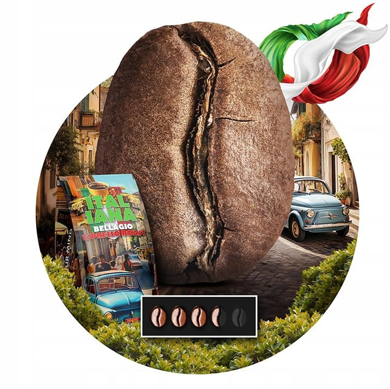 Geröstete Kaffeebohnen Italiana Bellagio 1kg | 80 % Arabica und 20 % Robusta | mit einem Hauch von Nüssen und dunkler Schokolade | frisch geröstet, säurearm | für Kaffeemaschinen | Blauer Orca-Kaffee