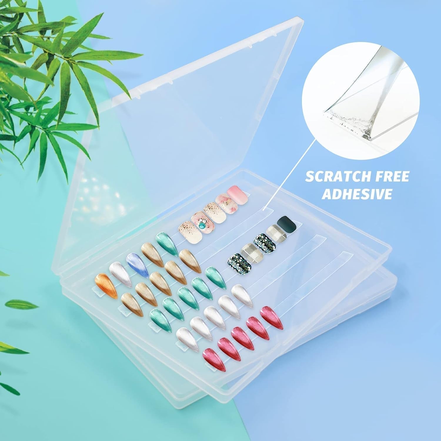 2 Stück 30 cm doppelseitiges Klebeband, Aufbewahrungsbox für künstliche Nägel, transparente rechteckige Box, Kunststoffverpackungsboxen, Nagelspitzenbehälter, künstliche Nägel, 21,8 x 15,5 cm