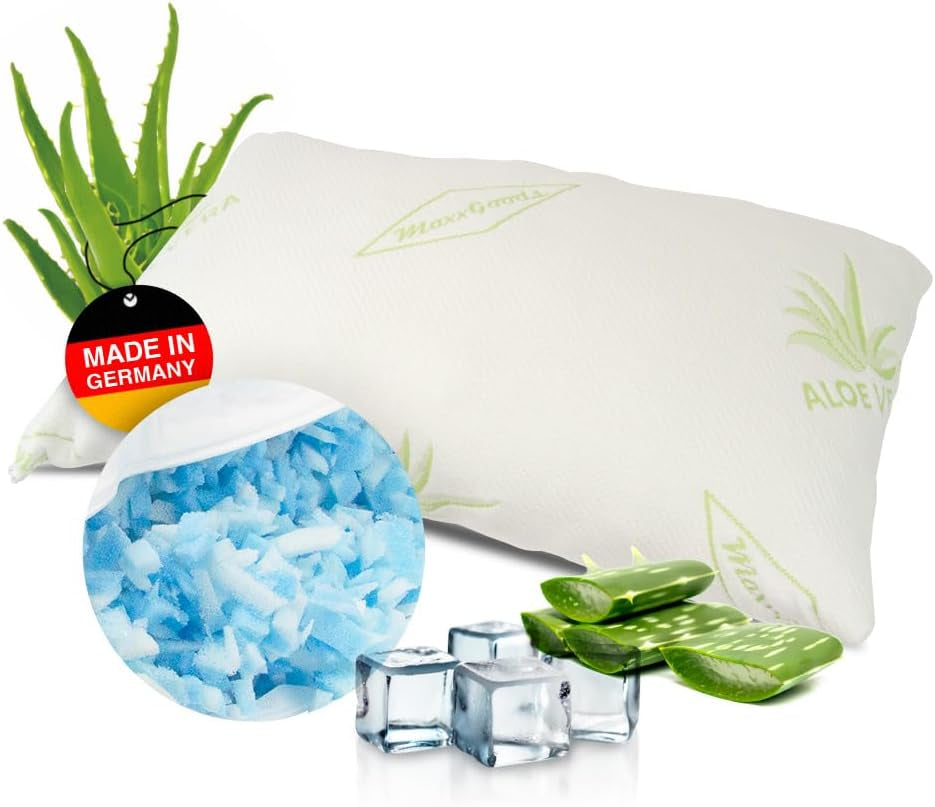Maxxgoods Orthopädisches Nackenstützkissen aus Visco-Gelschaum mit Aloe Vera-Schutzbezug und Innenbezug aus 100 % Baumwolle – Kissen für Bauch-, Rücken- und Seitenschläfer (42 cm x 70 cm x 12 cm). Orthopädische Halskissen von Naty Shop, 42 x 70 cm, Gelschaum-Sticks