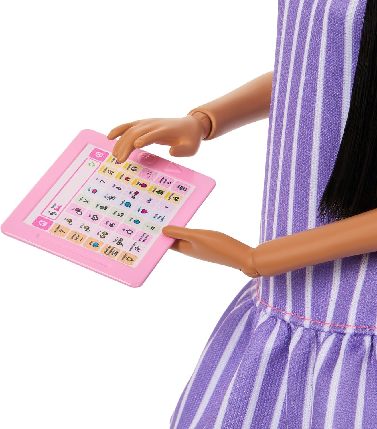 Barbie Fashionistas Puppe Nr. 245, autistische Puppe mit lila gestreiftem Kleid und Accessoires wie Fidget Spinner, Tablet und Kopfhörer, JJN58