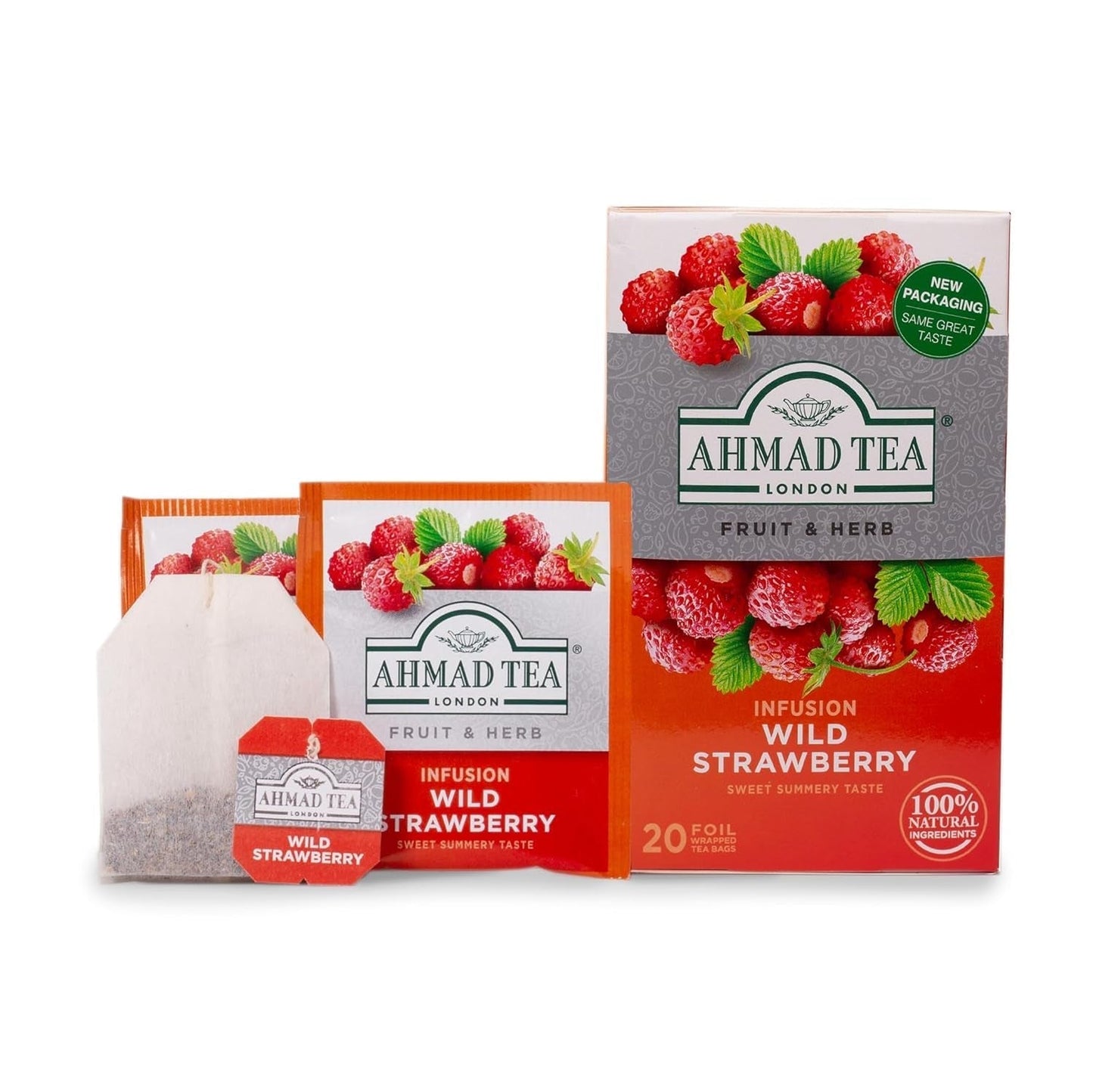 Ahmad Tea – Walderdbeere – entkoffeinierter Früchte- und Kräutertee – Erdbeere – aromatisiert, einzeln verpackte Teebeutel mit 2 g Tee pro Portion – 20 mit Bändern versehene Teebeutel