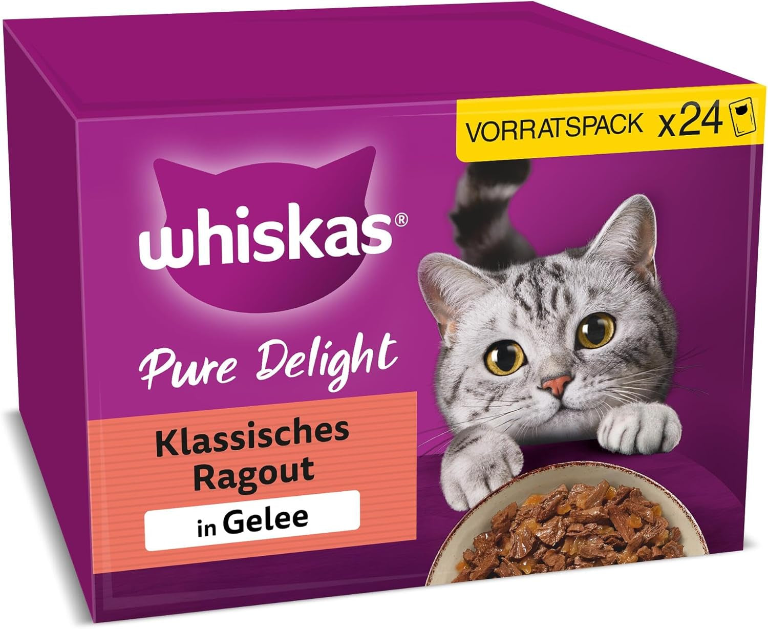 WHISKAS PURE DELIGHT Nassfutter in Gelee 24 x 85g Classic Ragout (4 Packungen) 48 Portionsbeutel