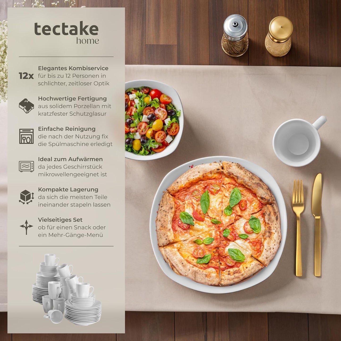tectake® 12-Personen-Geschirrset, 100-teiliges Porzellan-Geschirrset, bestehend aus 12 Tellern, 12 Desserttellern, 12 Speisetellern, 12 Tassen, 12 Müslischalen, Salatschüssel, Milchkännchen, Zuckerdose
