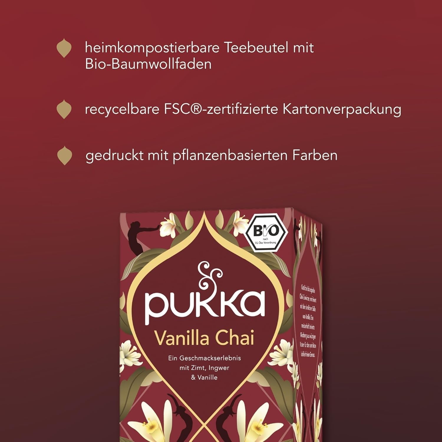 Pukka | Mischung aus aromatisierten Bio-Tees „Vanilla Chai“ | Zimt, Ingwer und Vanille | Tee zum Genuss mit natürlicher Süße | 1 Stück | 20 Teebeutel