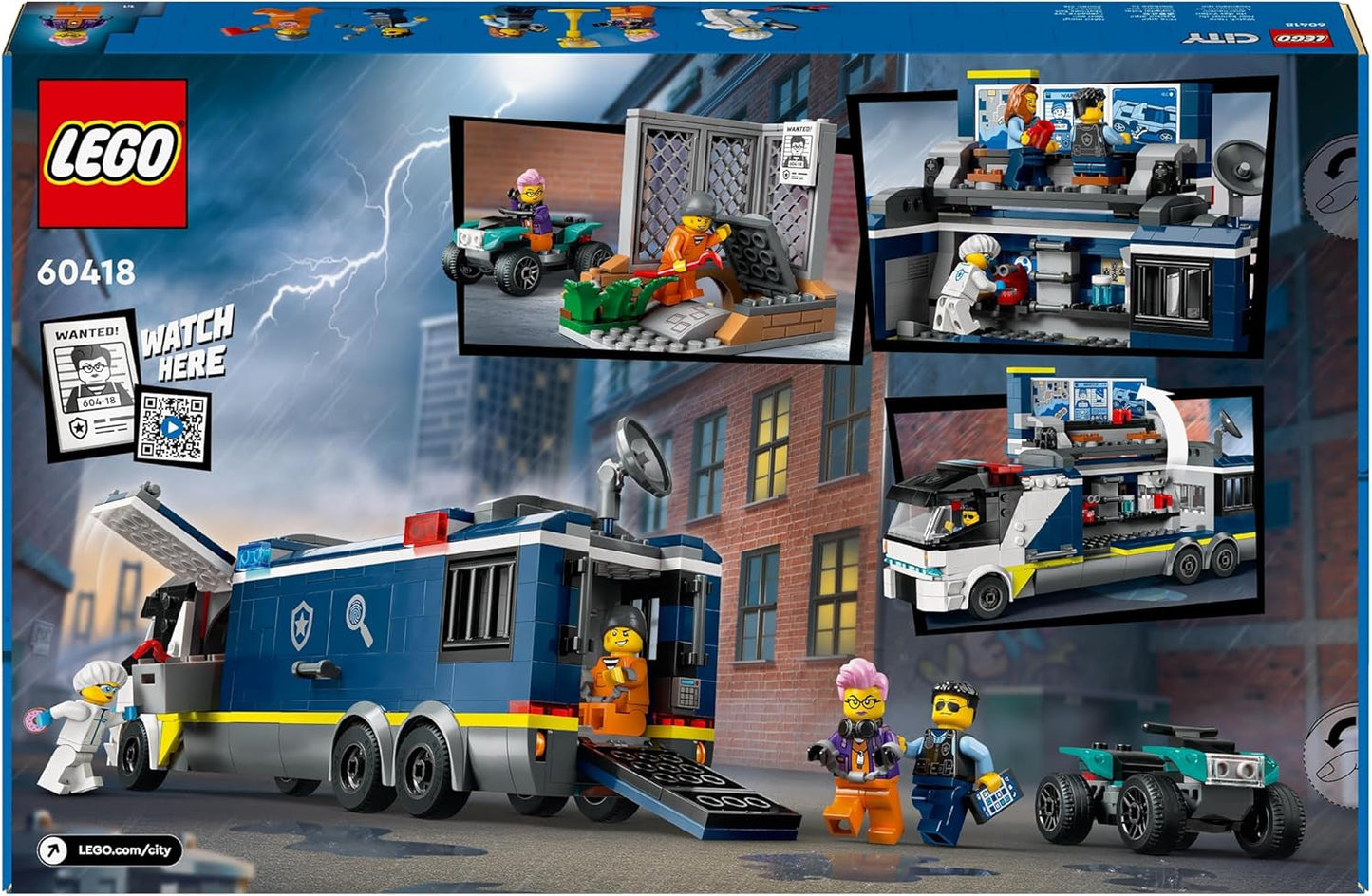 LEGO City Polizei-Truck mit Labor, Quad-Polizei-Set und Spielzeug-Truck für Kinder, Geschenk für Jungen und Mädchen ab 7 Jahren, plus 5 Minifiguren – 2 Polizisten, 1 Wissenschaftler und 2 Gauner 60418 Bausets Beuche den LEGO-Store