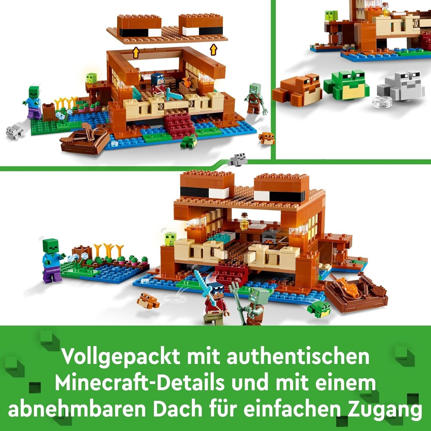LEGO Minecraft Das Froschhaus, Spielzeughaus mit Figuren wie Zombie, Schleim und Ertrinkender, plus Zubehör wie Spielzeugboot und Werkbank, Geschenk für Jungen und Mädchen ab 8 Jahren 21256 Bausets Besuchen Sie den LEGO-Store