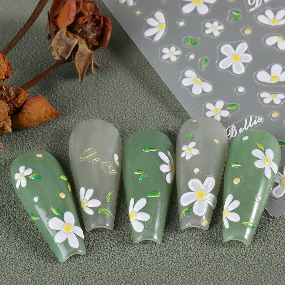 5Pcs Geprägte Gänseblümchen Nagelsticker Selbstklebend Blumen Nagelaufkleber Gänseblümchen Schmetterling Nagel Sticker Nageldesign Aufkleber Nägel Zubehör Blume Nail Sticker Flower Nail Art Sticker