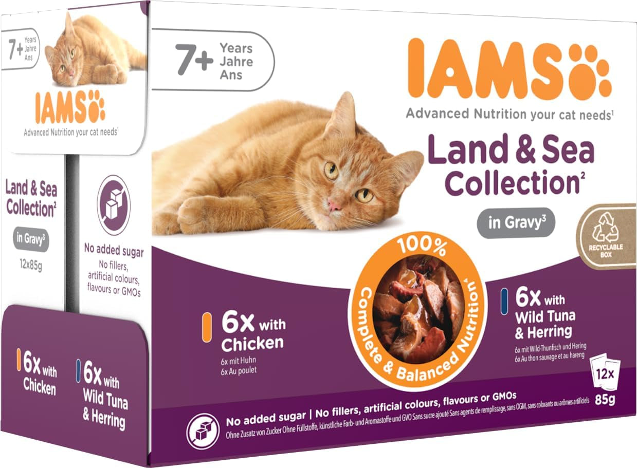IAMS Delights Nassfutter für ältere Katzen – Multipack mit Huhn und Fisch in Soße, hochwertiges Nassfutter für Katzen ab 7 Jahren, 12 x 85g