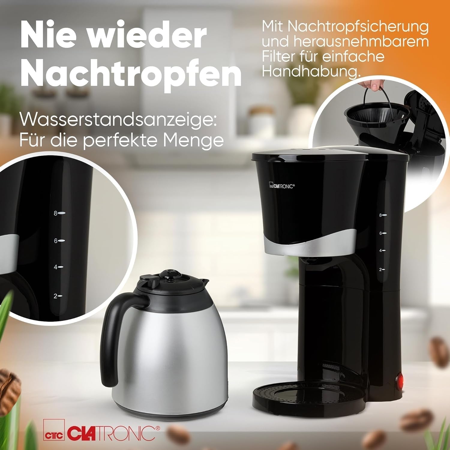 Clatronic® Kaffeemaschine mit Thermoskanne | für 8-10 Tassen Kaffee | ohne Temperaturverlust | Kaffeemaschine mit Filter | 1 Liter | Espresso | Filterkaffeemaschine mit Thermoskanne | KA 3327 schwarz
