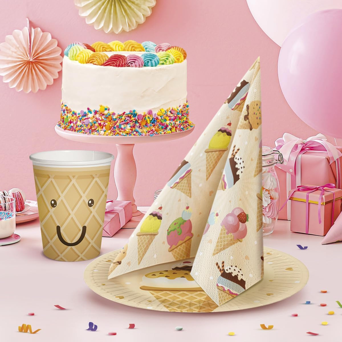 PAW – 3-lagige Servietten (33 x 33 cm) I 20 Stück I Perfekt für Partys, Geburtstage, Feiertage I Tischdekoration für Kinderfeste – Bunte Motiv-Papierservietten – Eiscreme I Eiscreme
