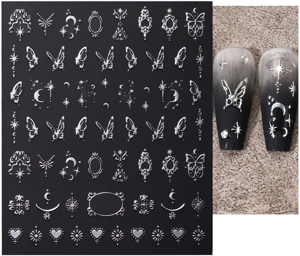 3D-Nagelaufkleber, silberfarben, metallisch, Nagelaufkleber für Frauen, Stern, Mond, Sonne, Nagelfolie, selbstklebende Aufkleber, Schmetterlings-Nagelaufkleber, Nagelaufkleber, Nageldesign-Zubehör, 8 Stück