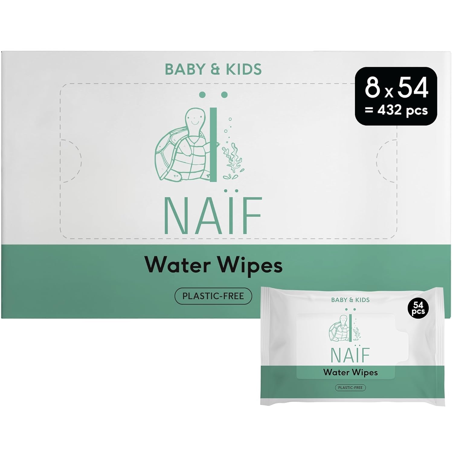 Plastikfreie Baby-Feuchttücher von Naïf, 432 Stück (8er-Pack x 54 Tücher) – Pflege für Babys Po, Körper und Gesicht – 99 % Wasser – 0 % Duftstoffe und Alkohol – Box mit nachhaltigen Feuchttüchern, empfindlicher Eukalyptus