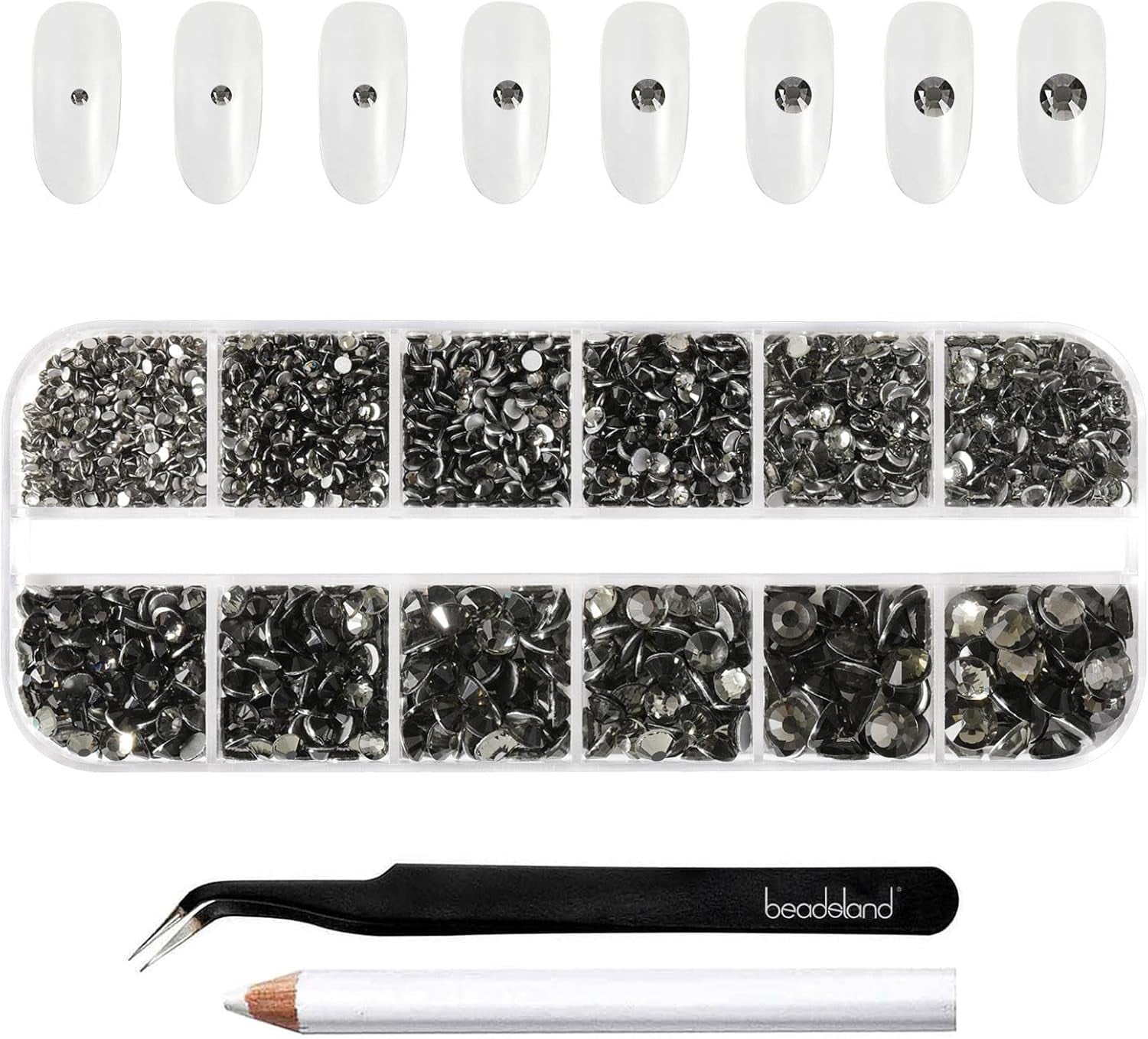Beadsland 2500 Stück Glas Nailart Strasssteine ​​​​Kristall Flatback Edelsteine ​​​​Runde, ​​Für Handwerk Gemischt 8 Größen SS4 ~ SS30 Mit Picking Pinzette Und Stift (Kristall Weiß)