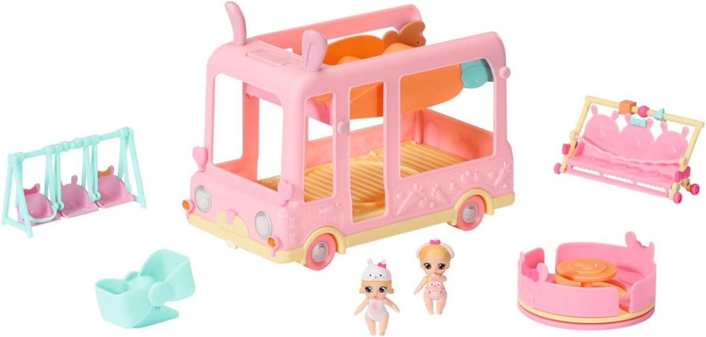 BABY born 904763 Baby Surprise Bus – pinkfarbener Mini-Puppenspielzeugbus mit 2 exklusiven Puppen, Dreifach-Kinderwagen, Schaukel, Karussell, Rutsche und Dreifachschaukel.