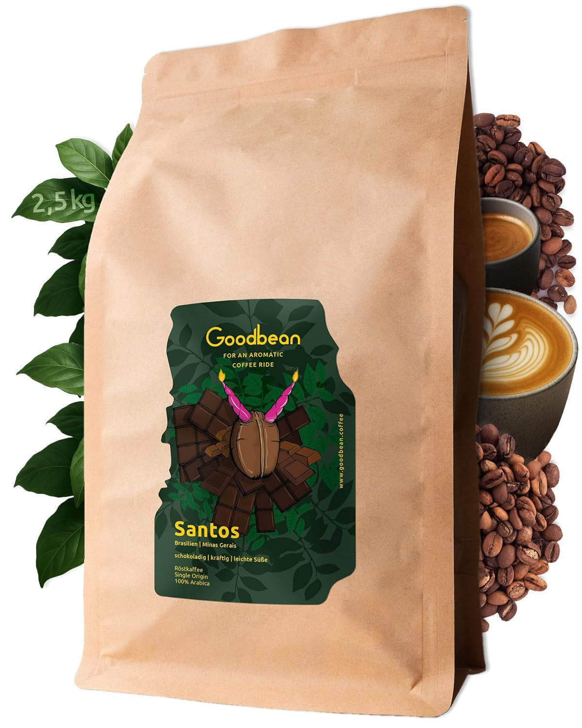 Santos | Kaffeebohnen 2500g - 100% Arabica aus Brasilien | für Espresso, Cappuccino oder starken Filterkaffee | Omni-Roast | Klassischer Kaffee – der perfekte Einstieg in den Spezialitätenkaffee