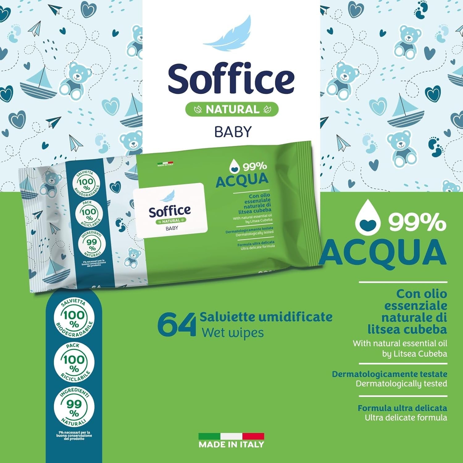 Natürliche, reinigende Feuchttücher für Babys, 99 % Wasser, sehr sanfte Formel für die tägliche Hygiene von Kindern und Neugeborenen – 12 Packungen mit 64 Tüchern