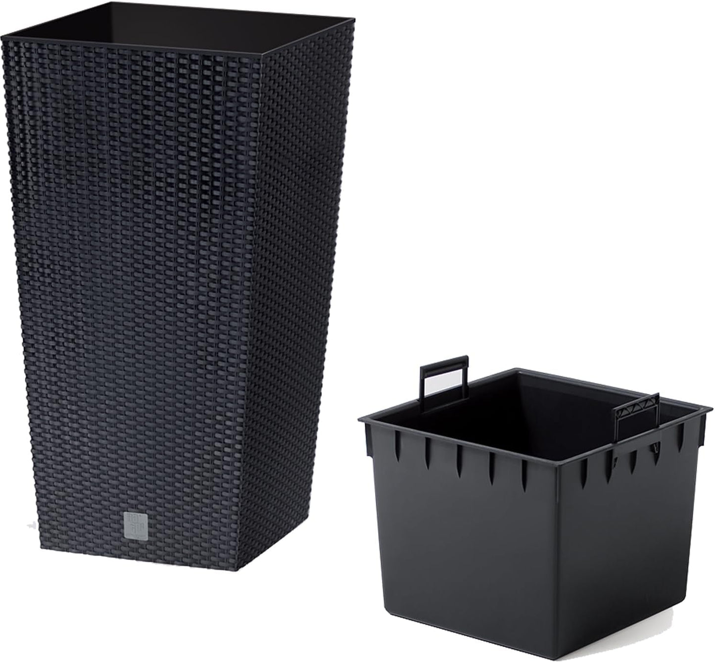 Prosperplast Rattan-Optik-Töpfe/Töpfe mit Einsatz | 32,5 x 32,5 x 61 cm | Anthrazit | witterungs- und UV-beständig | aus stabilem Kunststoff | für innen und außen