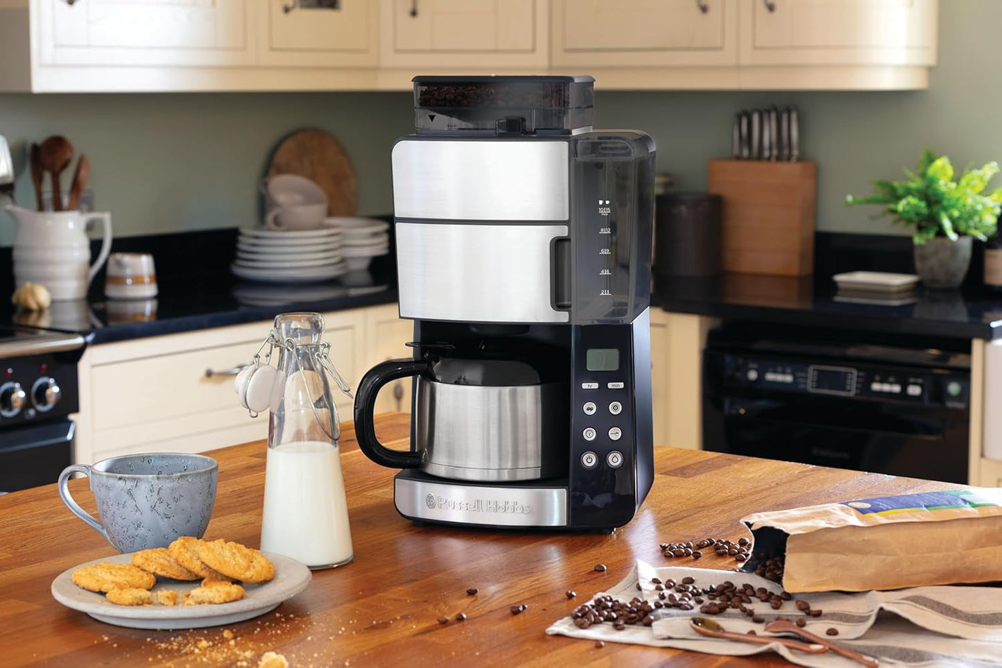 Russell Hobbs Kaffeemaschine mit Mahlwerk und Thermokaraffe [Digitaler Timer, Duschkopf für optimale Extraktion und Aroma] Grind&Brew (1–10 Tassen, 3 Mahlgradeinstellungen) Filterkaffeemaschine 25620-56