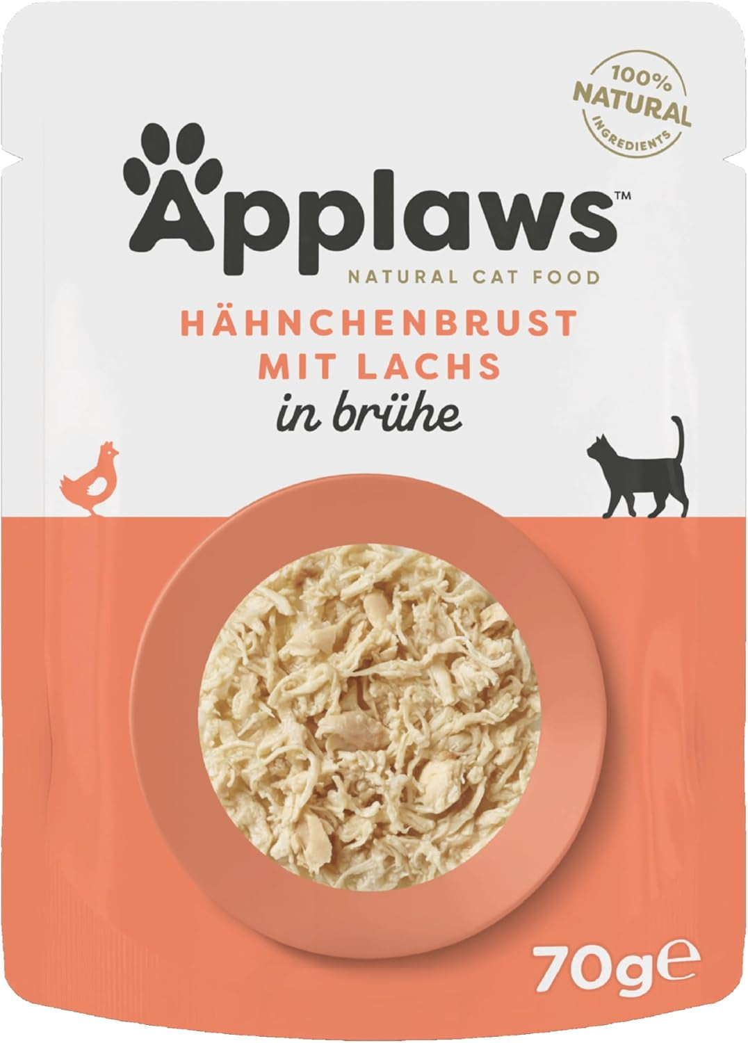 Applaws 100 % natürliches Nassfutter für Katzen, Hähnchenbrust mit Lachs in Brühe – Packung mit 12 70-g-Beuteln