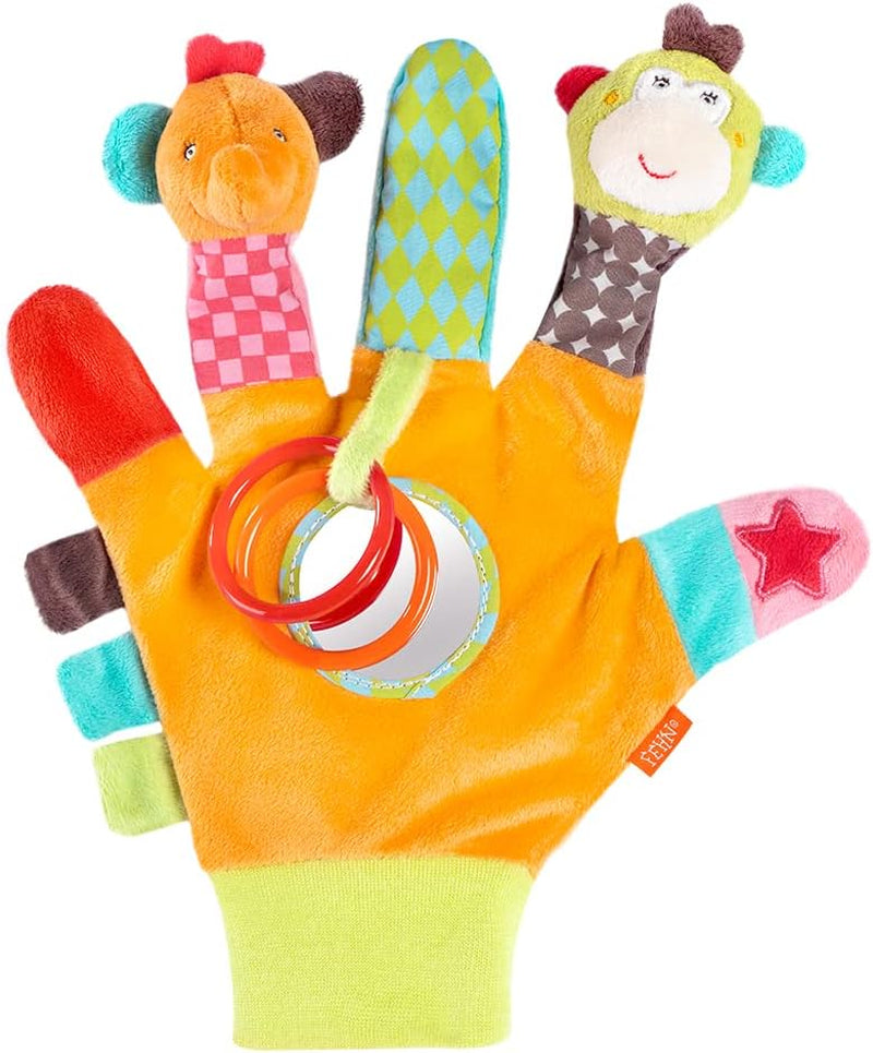 Fehn Spielhandschuh Safari – Fingerpuppen Babyspielzeug Affe & Elefant zum Greifen & Geräusche machen & weiches Bilderbuch Bruno – Tastbuch für Kinder mit Tiermotiven Babyspielzeug Naty Shop