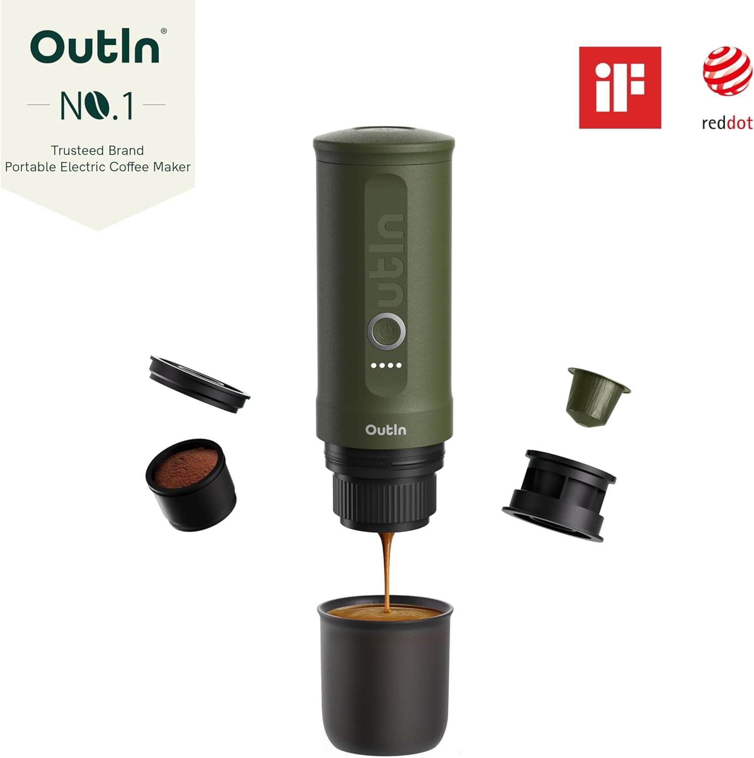 OutIn Nano tragbare elektrische Espressomaschine, Camping-Kaffeemaschine, USB-C selbsterhitzend, kompatibel mit gemahlenem Kaffee und NS-Kapseln